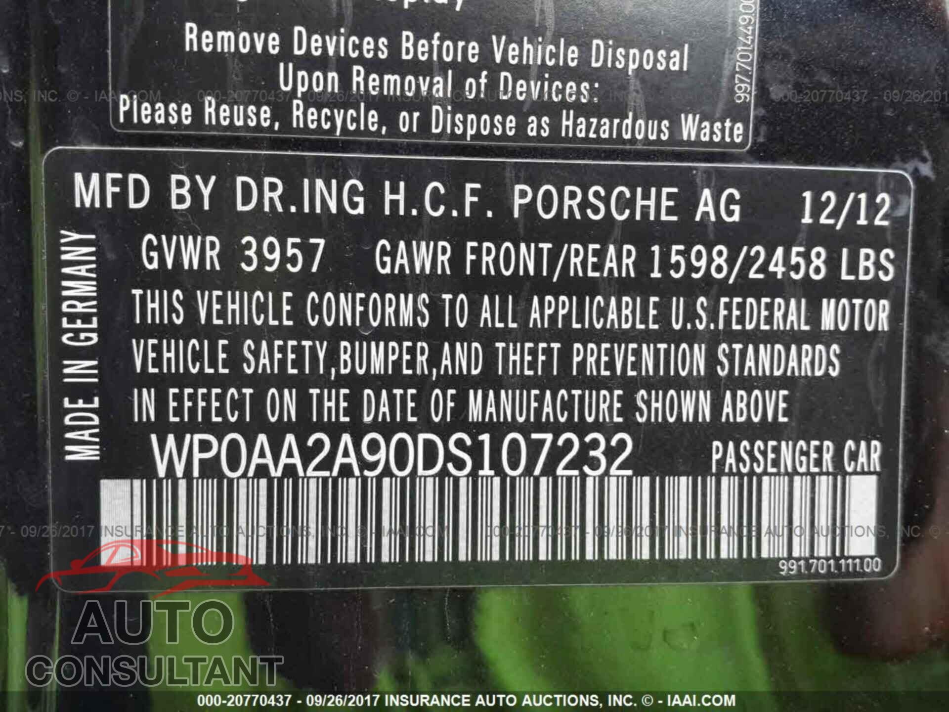 Porsche 911 2013 - WP0AA2A90DS107232
