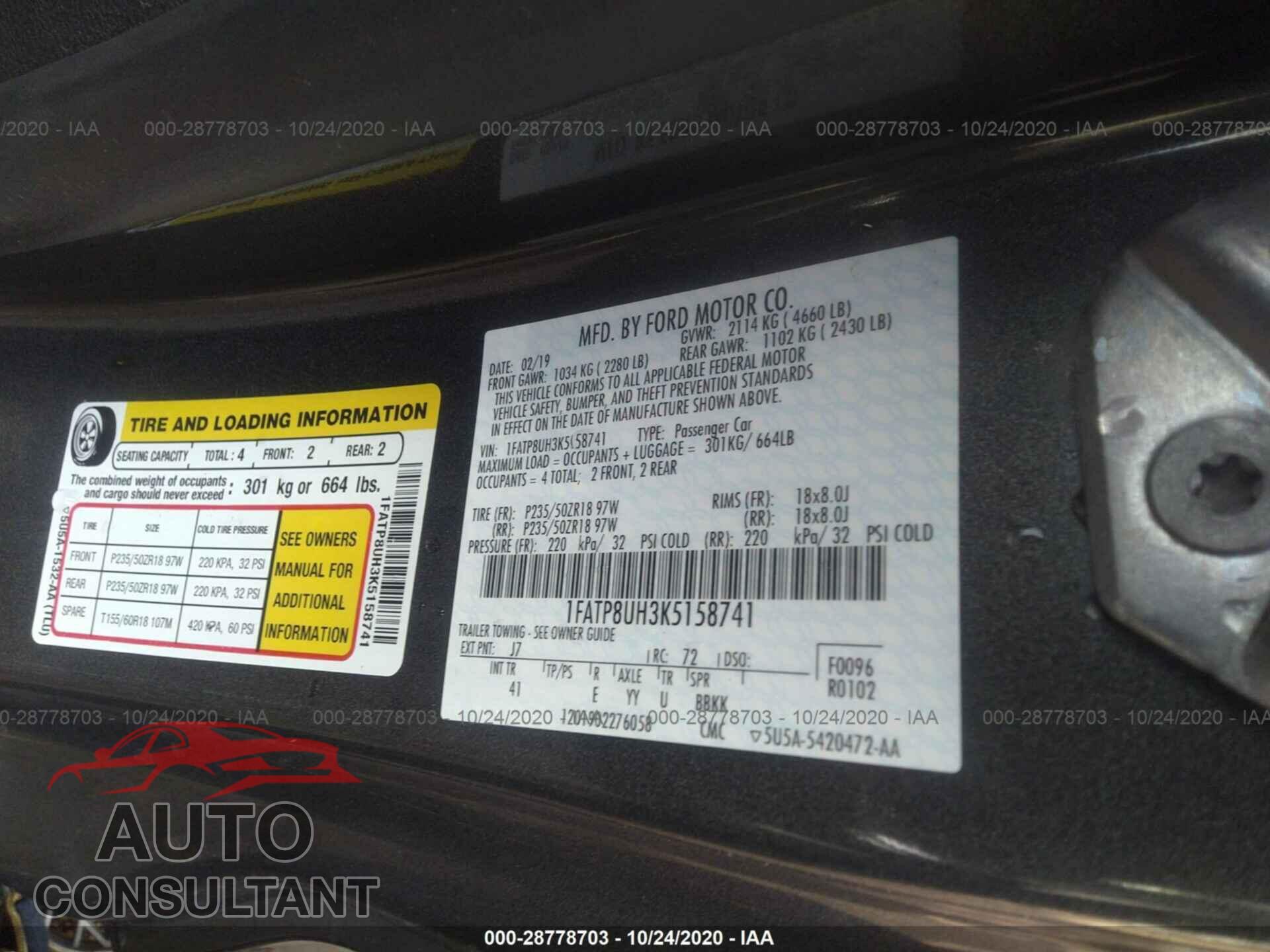 FORD MUSTANG 2019 - 1FATP8UH3K5158741