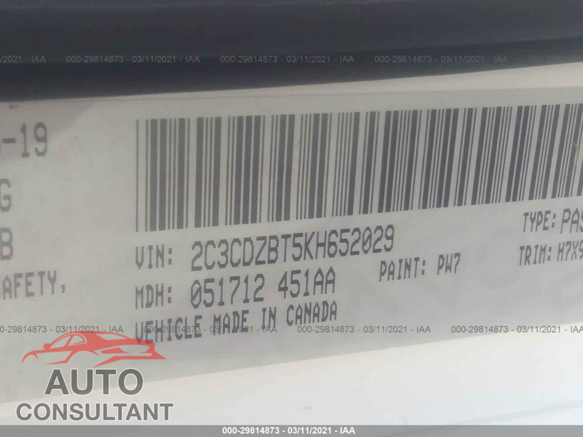 DODGE CHALLENGER 2019 - 2C3CDZBT5KH652029