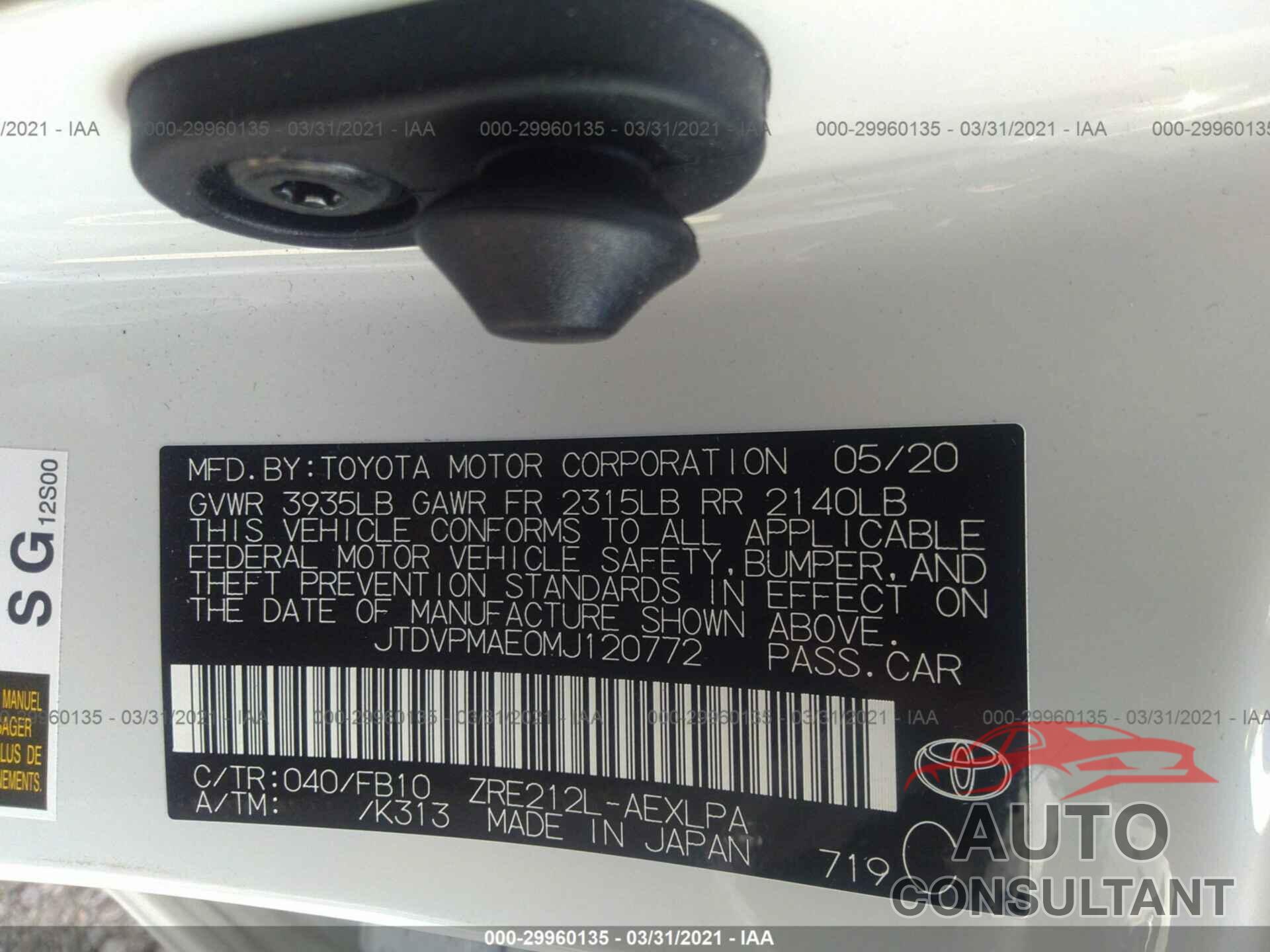 TOYOTA COROLLA 2021 - JTDVPMAE0MJ120772