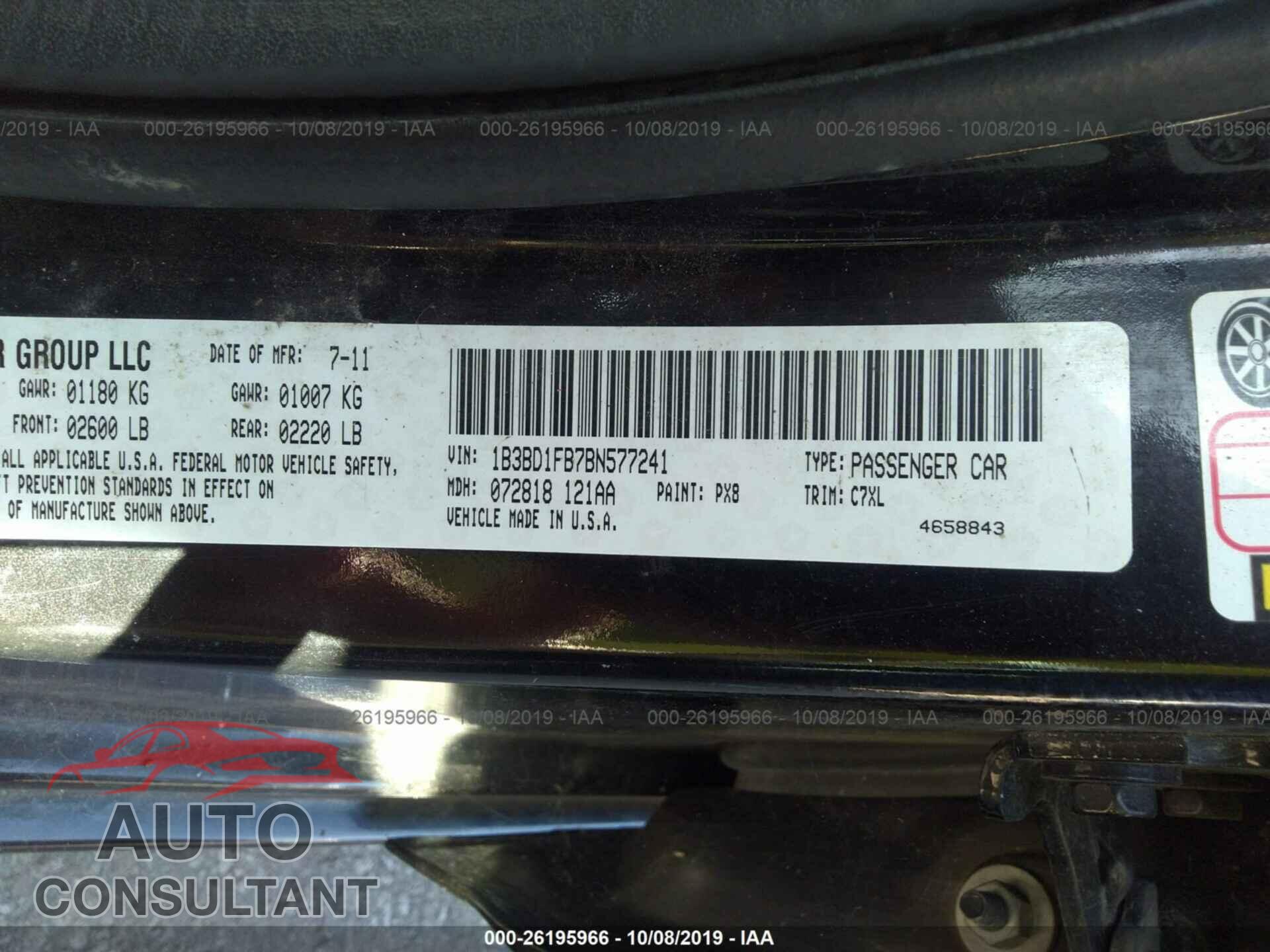 DODGE AVENGER 2011 - 1B3BD1FB7BN577241