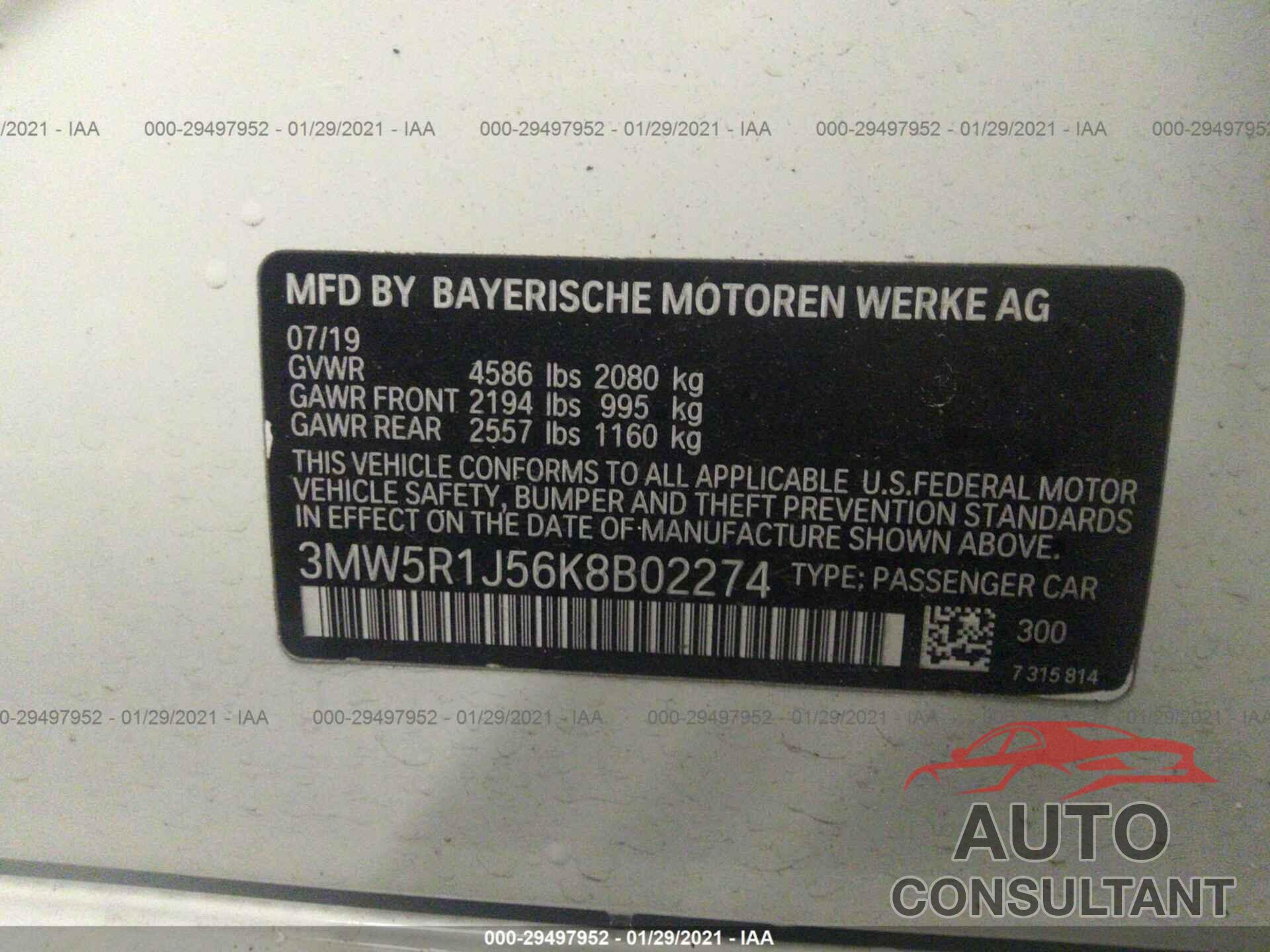 BMW 3 SERIES 2019 - 3MW5R1J56K8B02274
