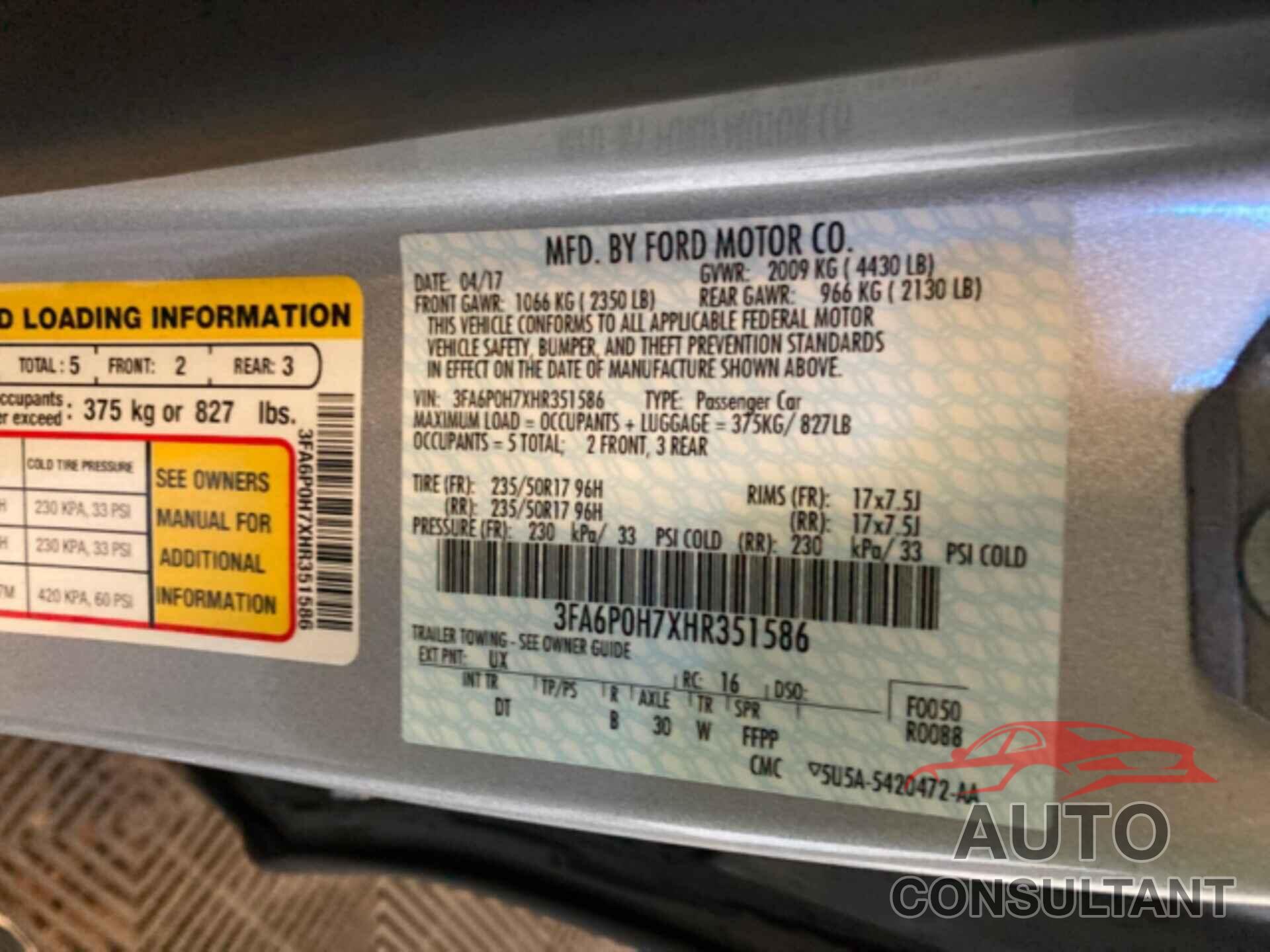 FORD FUSION 2017 - 3FA6P0H7XHR351586