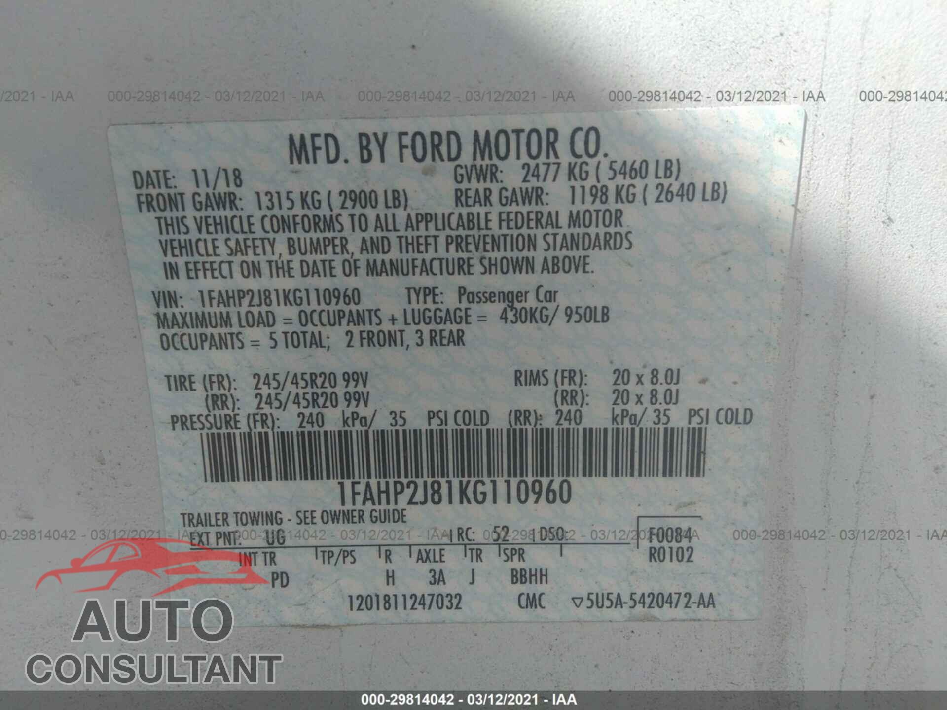 FORD TAURUS 2019 - 1FAHP2J81KG110960