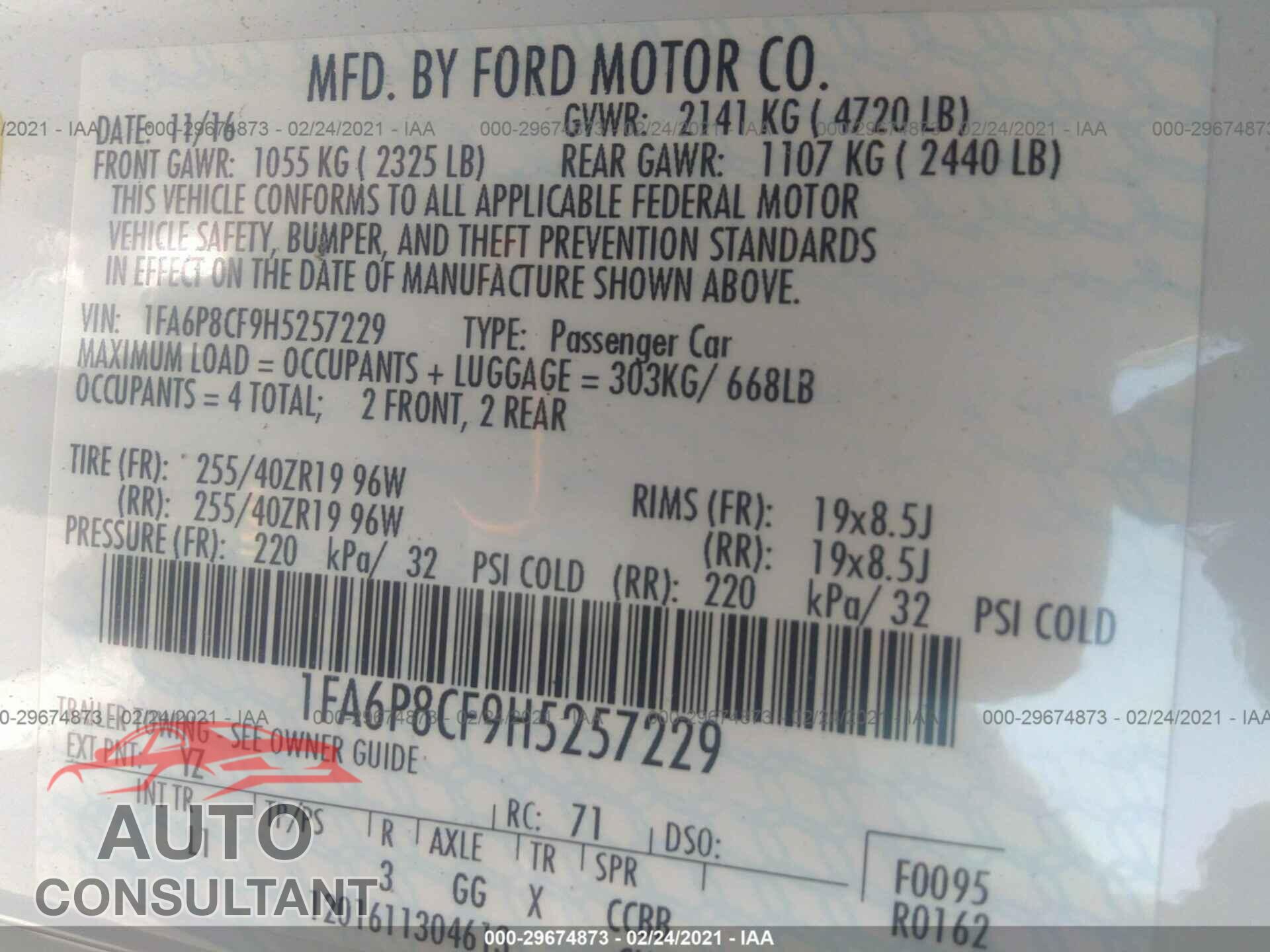 FORD MUSTANG 2017 - 1FA6P8CF9H5257229