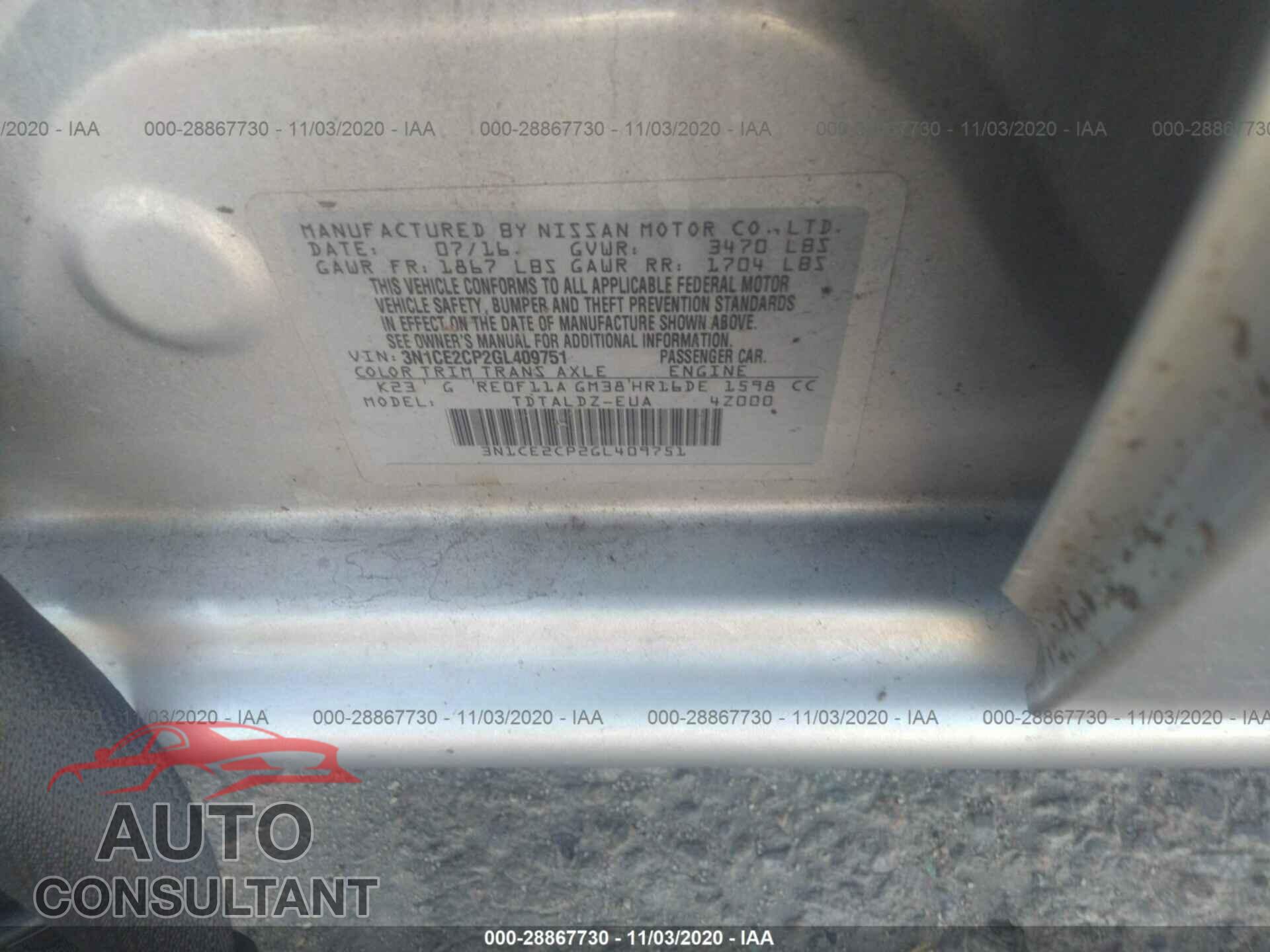 NISSAN VERSA NOTE 2016 - 3N1CE2CP2GL409751