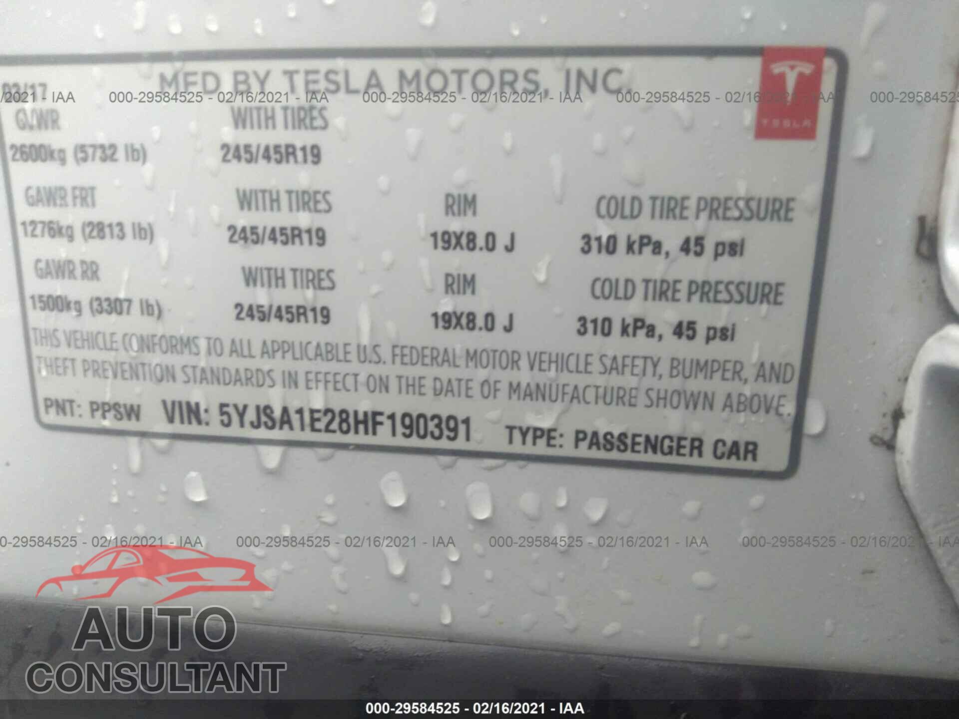 TESLA MODEL S 2017 - 5YJSA1E28HF190391
