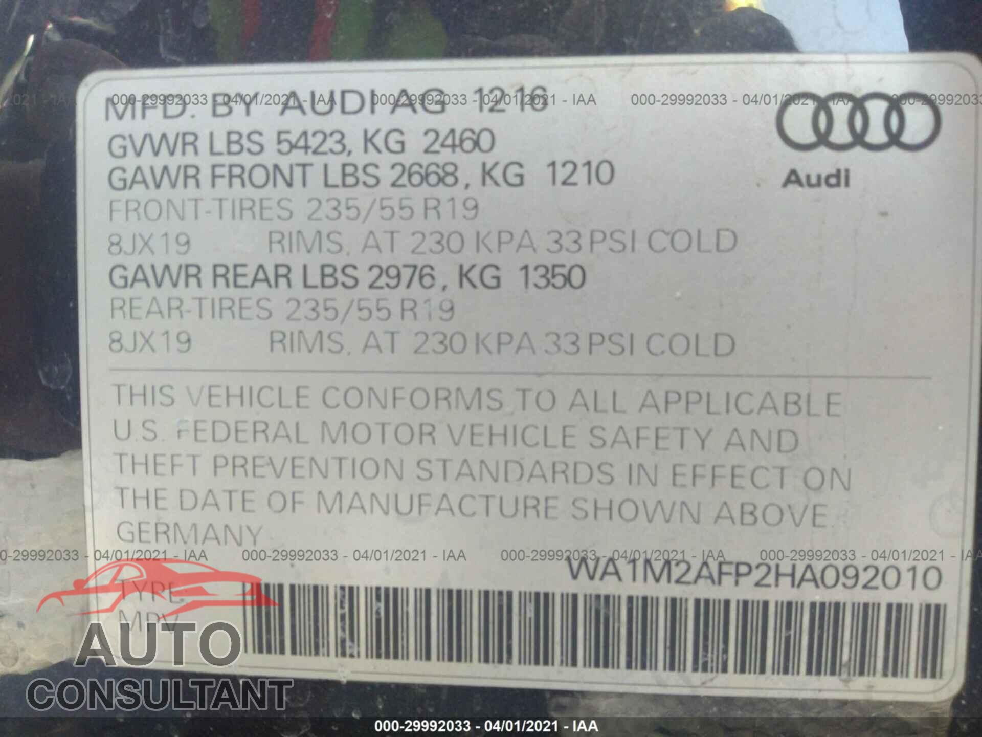 AUDI Q5 2017 - WA1M2AFP2HA092010
