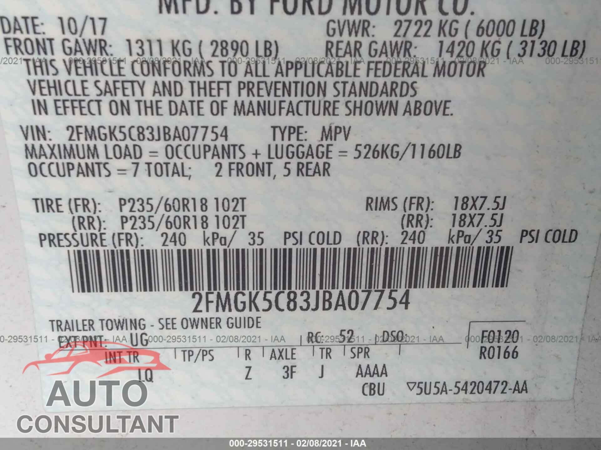 FORD FLEX 2018 - 2FMGK5C83JBA07754