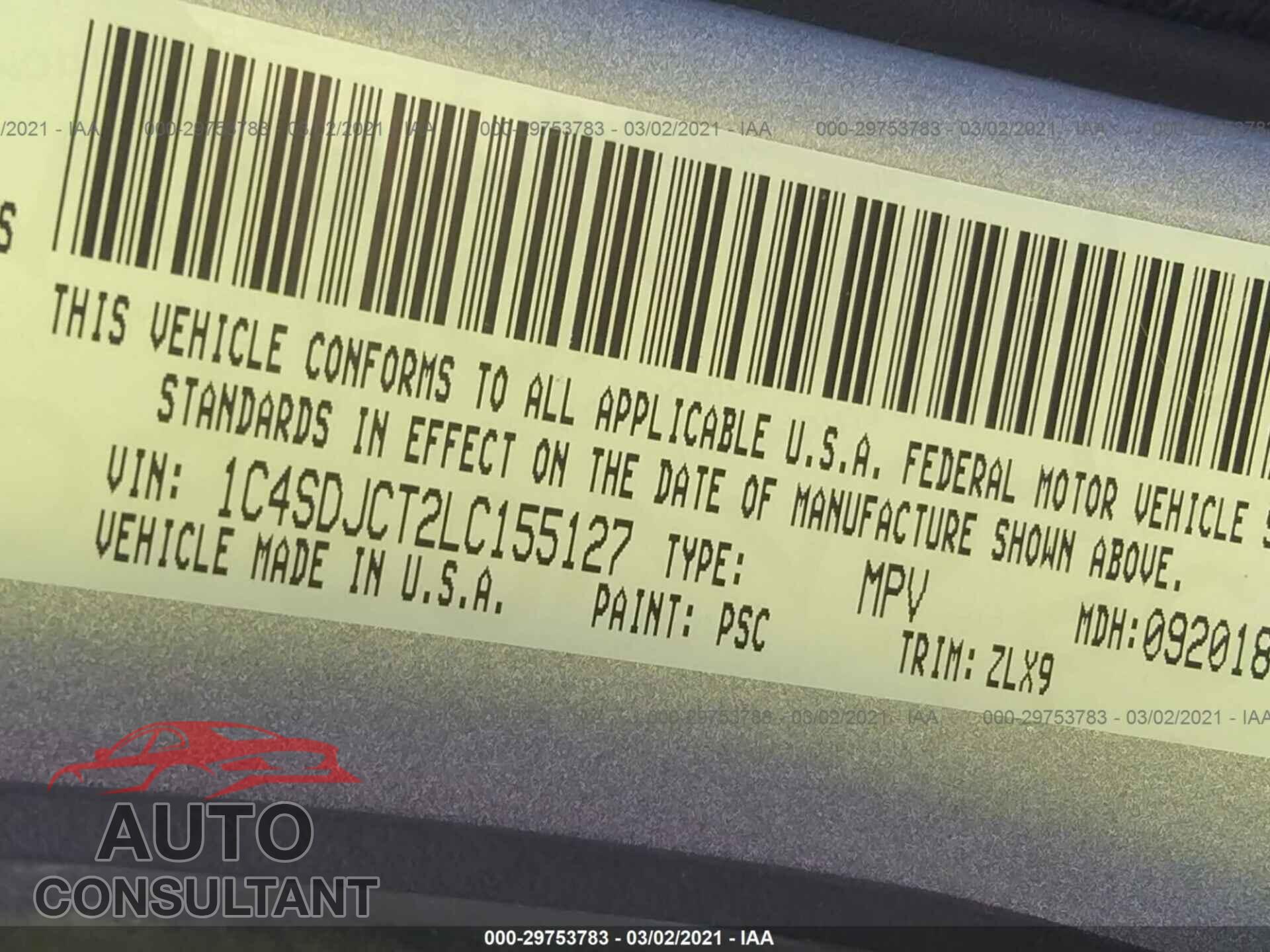 DODGE DURANGO 2020 - 1C4SDJCT2LC155127