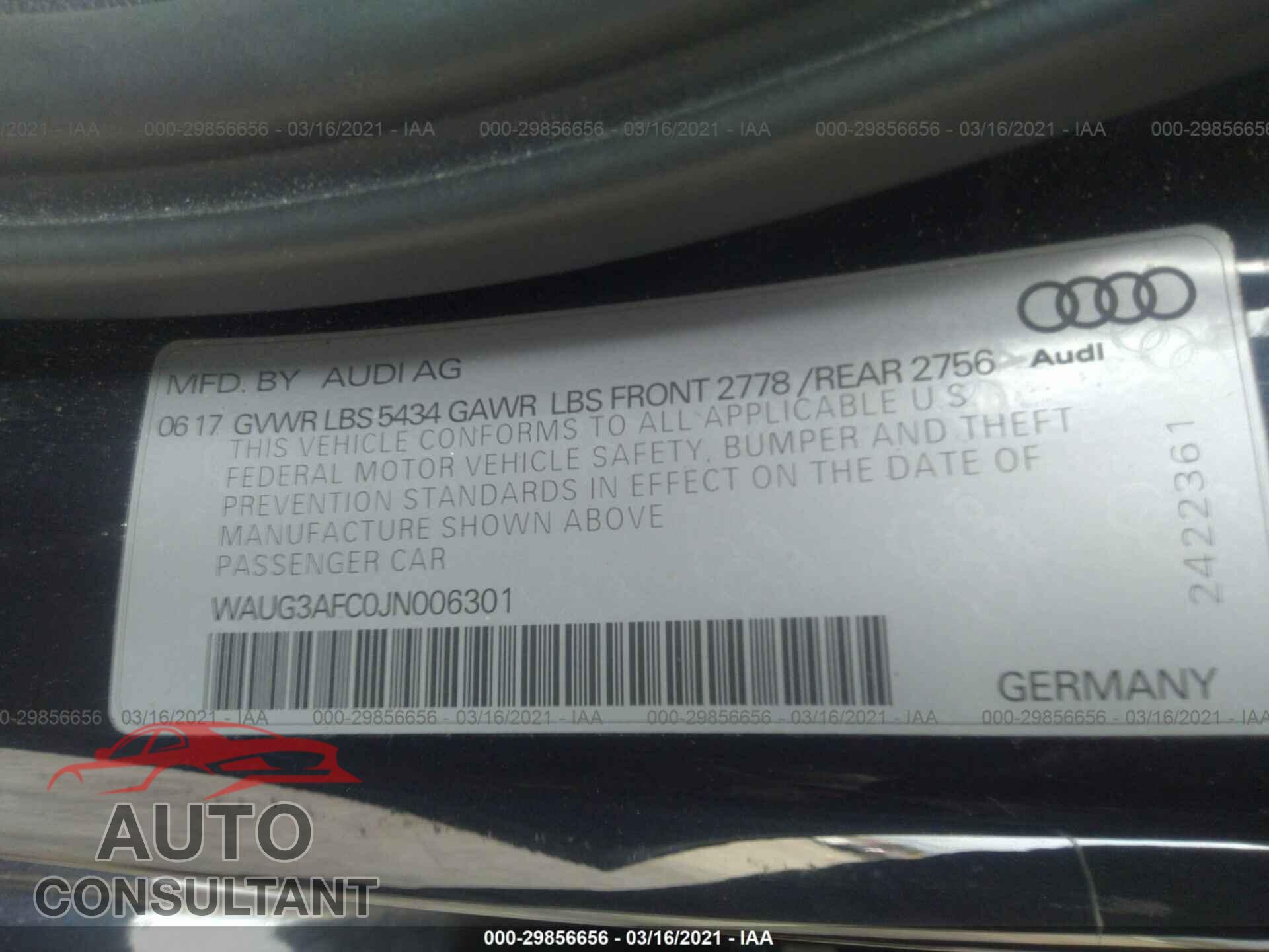 AUDI A6 2018 - WAUG3AFC0JN006301