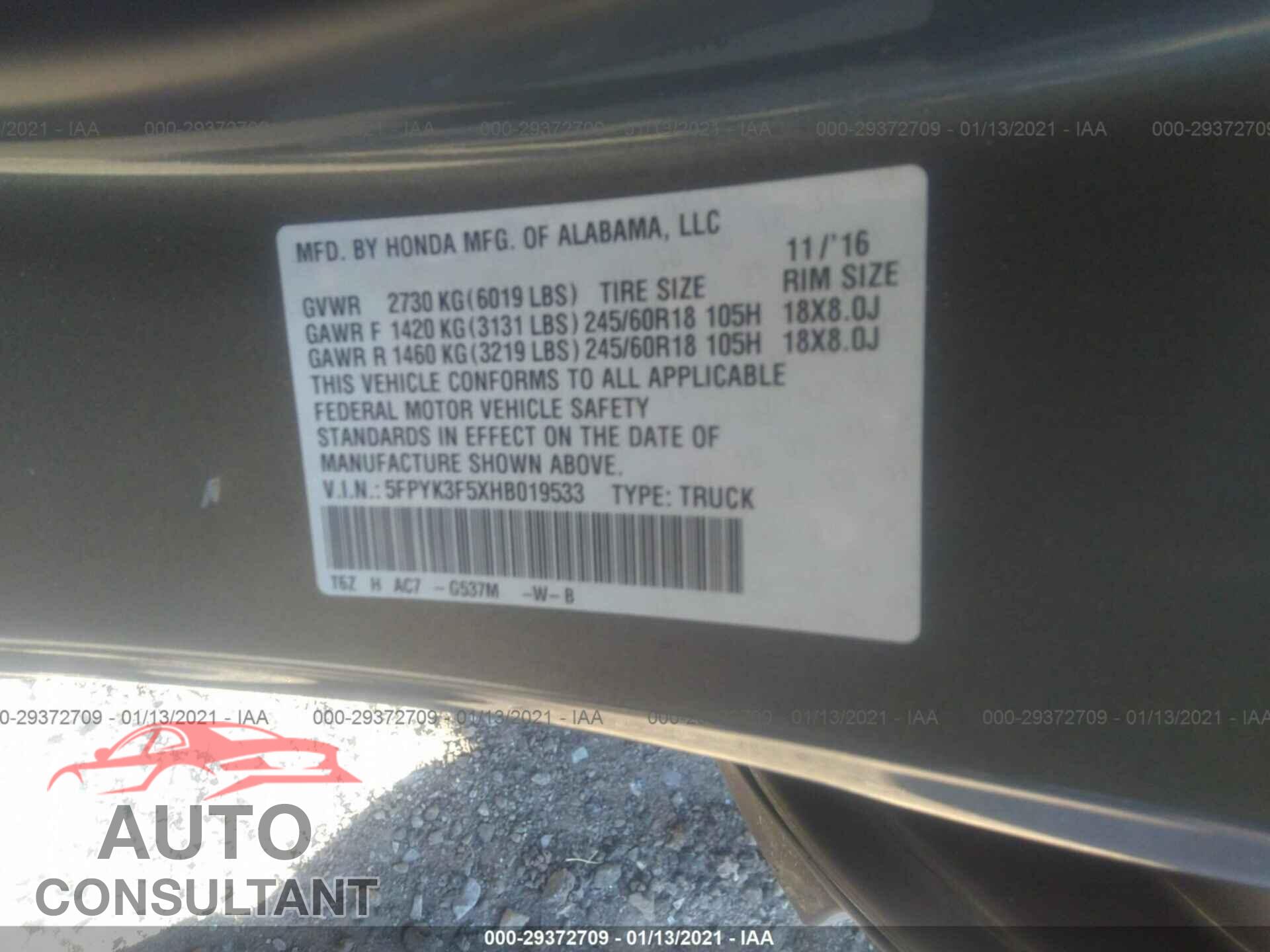 HONDA RIDGELINE 2017 - 5FPYK3F5XHB019533