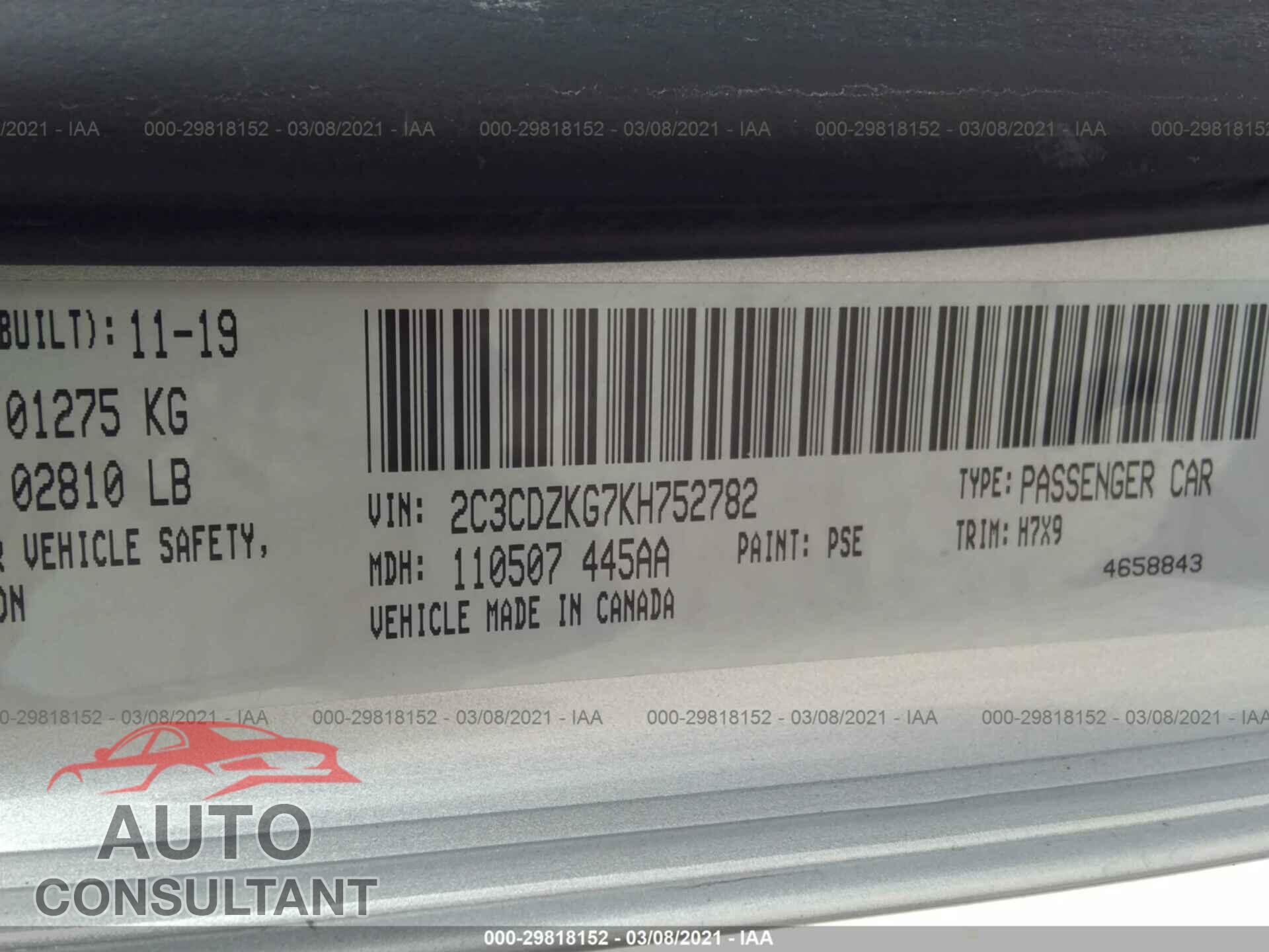 DODGE CHALLENGER 2019 - 2C3CDZKG7KH752782
