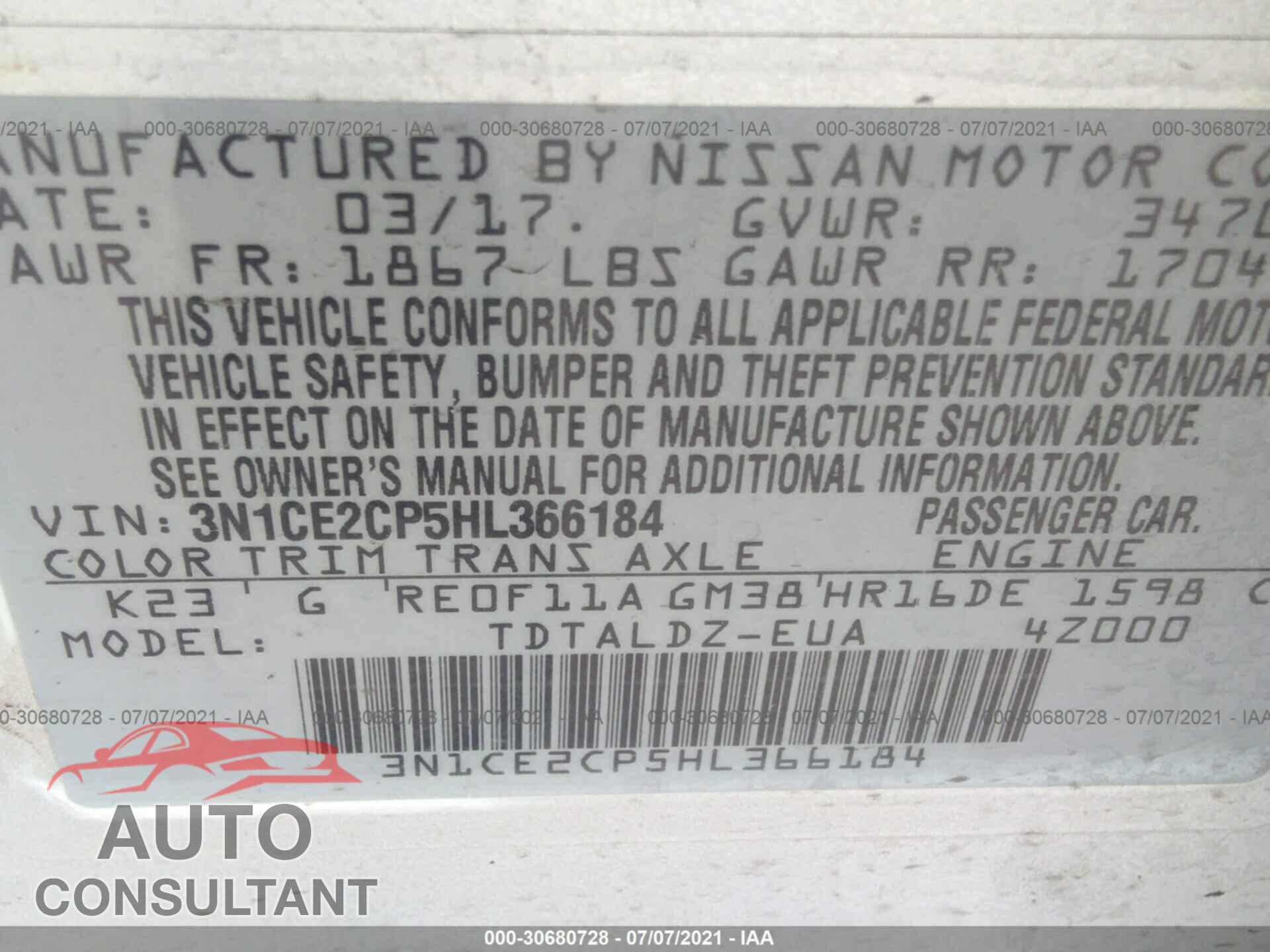 NISSAN VERSA NOTE 2017 - 3N1CE2CP5HL366184