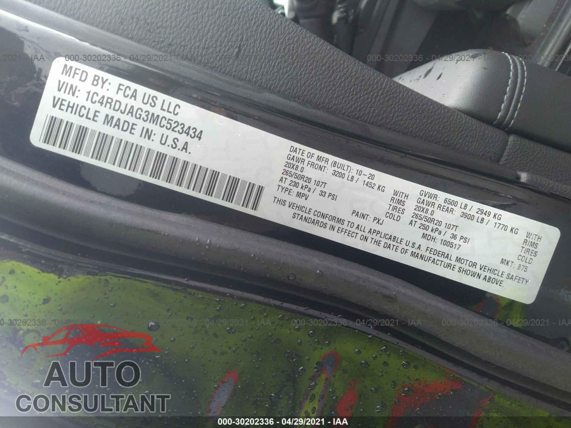 DODGE DURANGO 2021 - 1C4RDJAG3MC523434