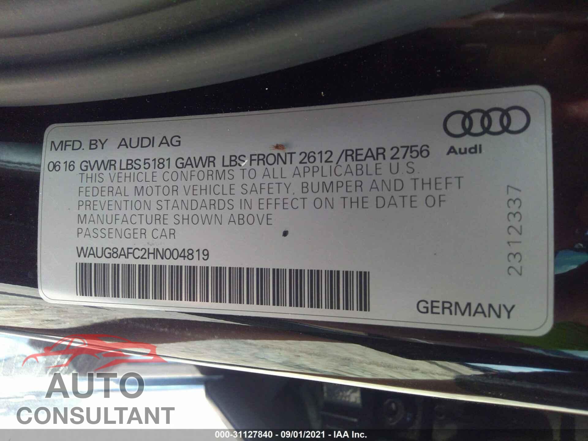 AUDI A6 2017 - WAUG8AFC2HN004819