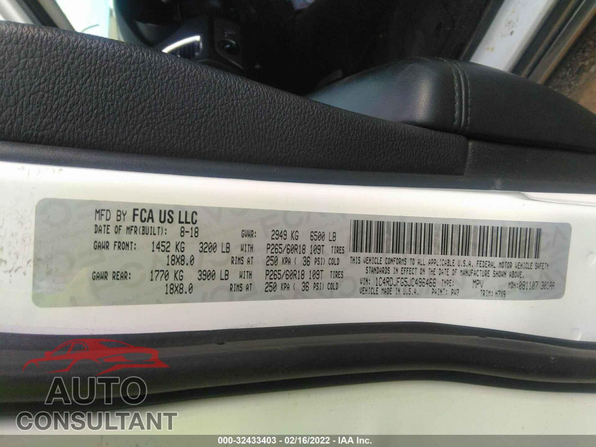 DODGE DURANGO 2018 - 1C4RDJFG5JC496466
