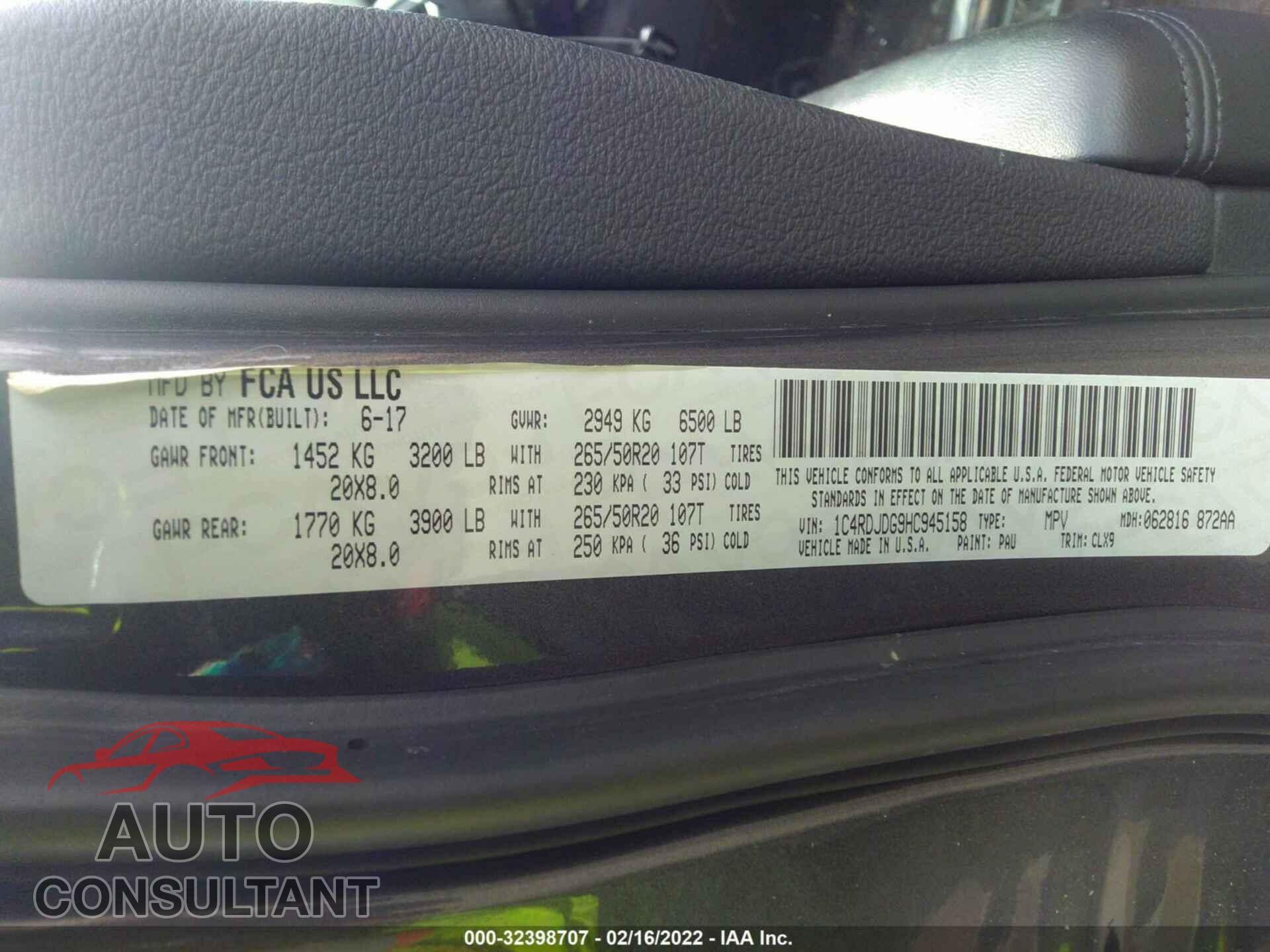 DODGE DURANGO 2017 - 1C4RDJDG9HC945158
