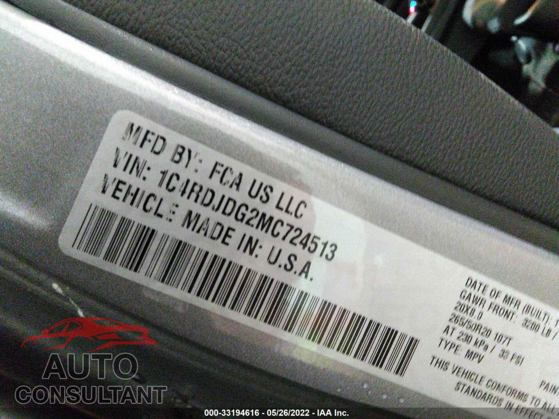 DODGE DURANGO 2021 - 1C4RDJDG2MC724513