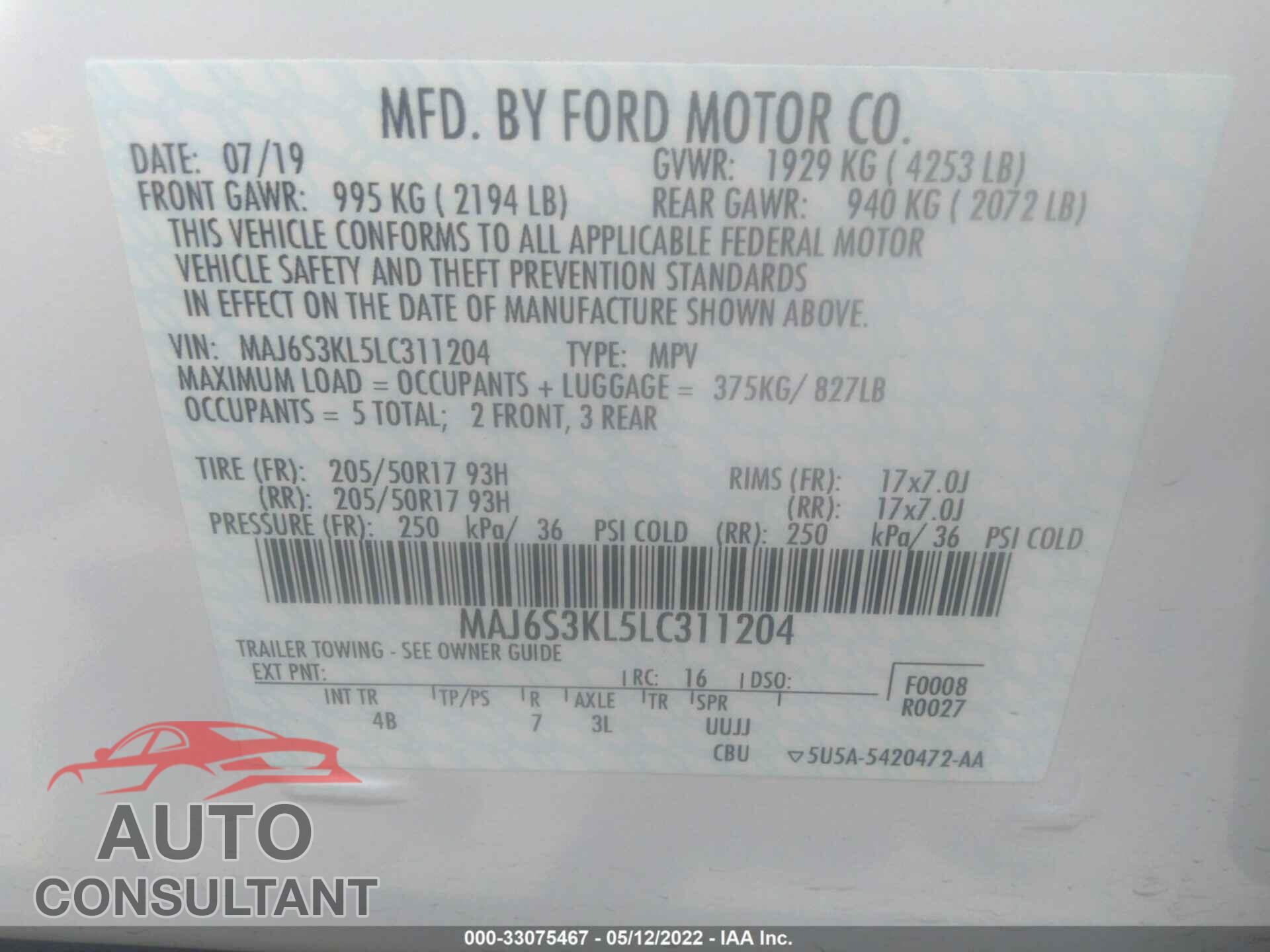 FORD ECOSPORT 2020 - MAJ6S3KL5LC311204