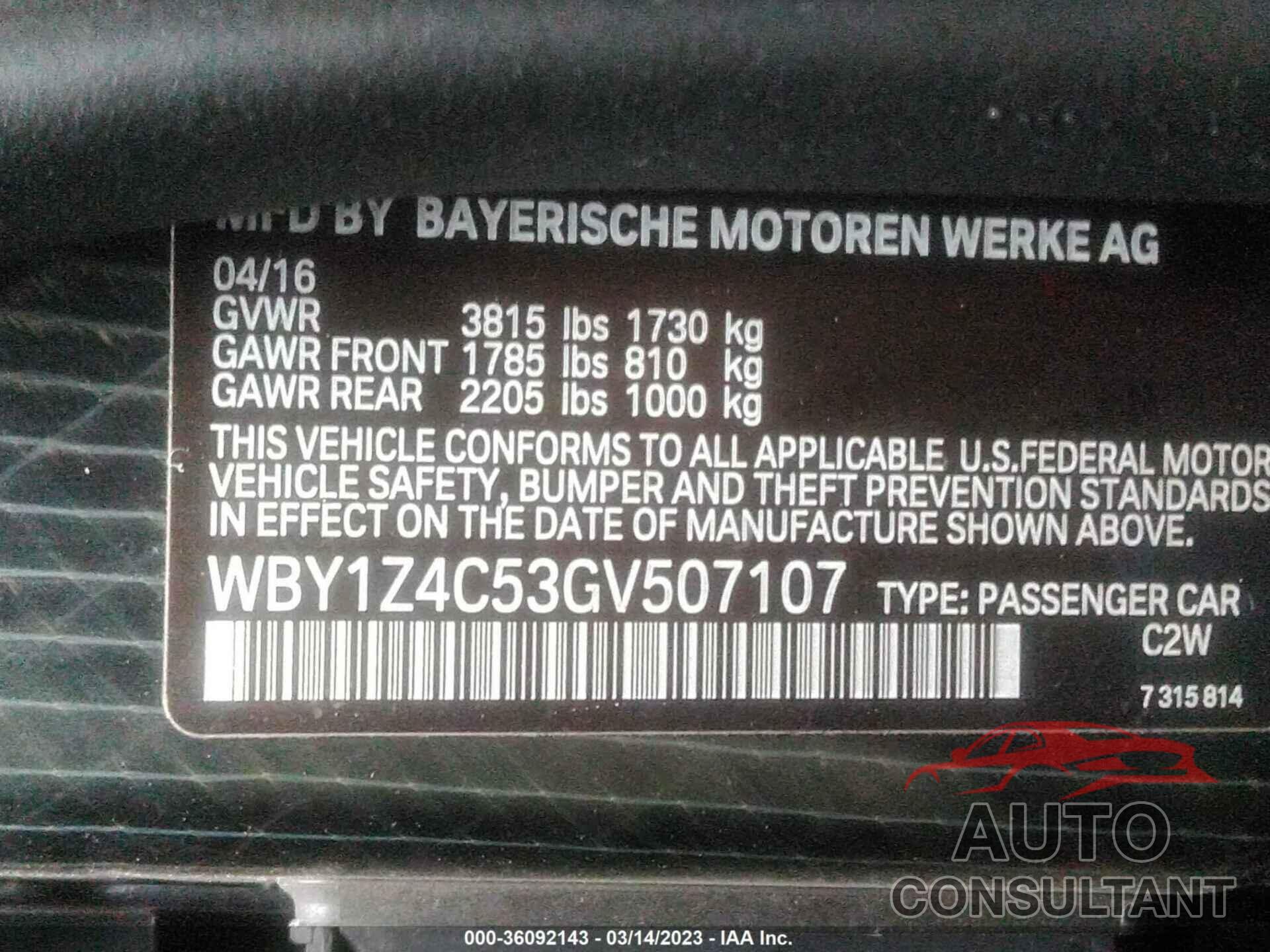 BMW I3 2016 - WBY1Z4C53GV507107