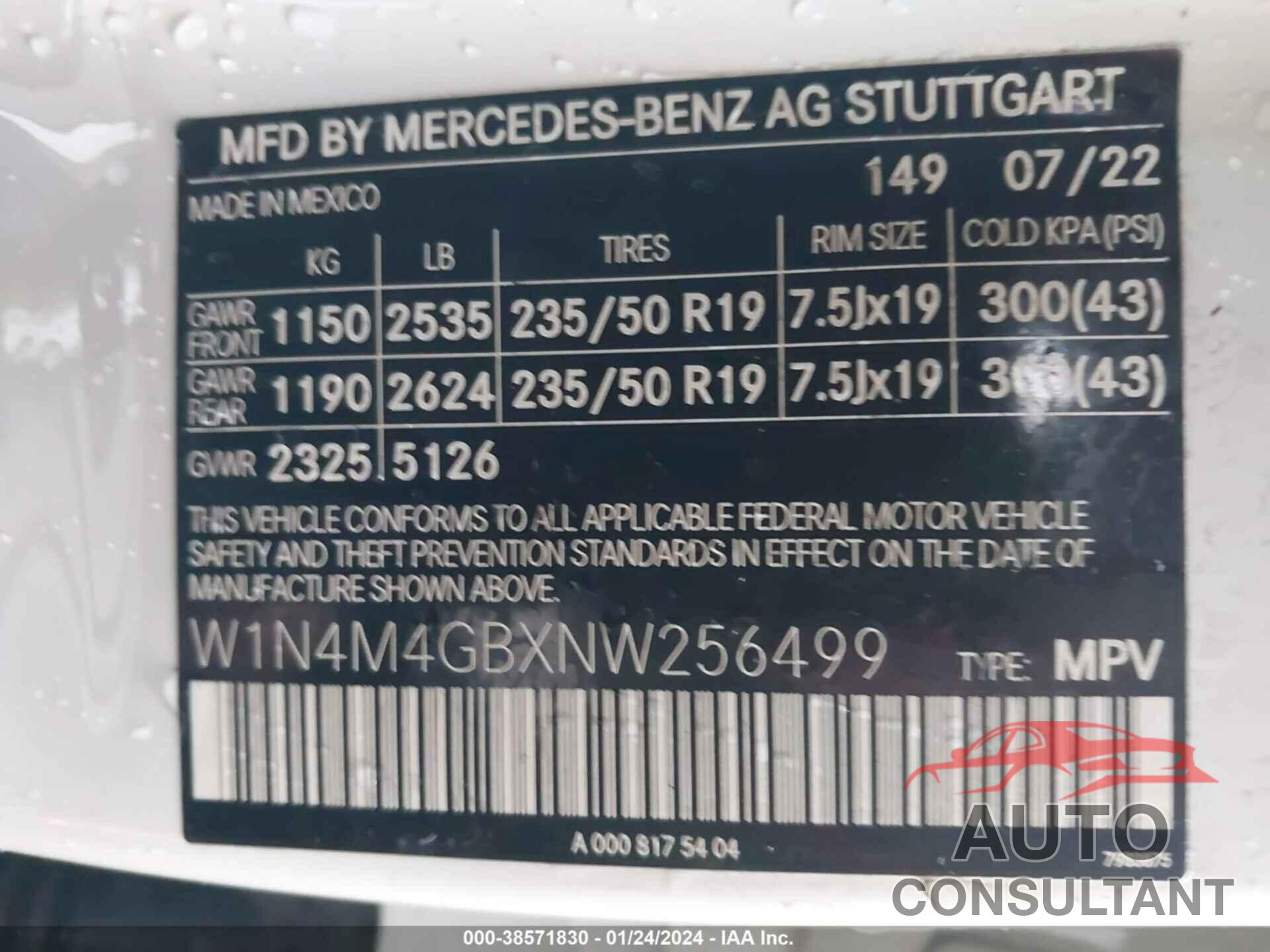 MERCEDES-BENZ GLB 250 2022 - W1N4M4GBXNW256499