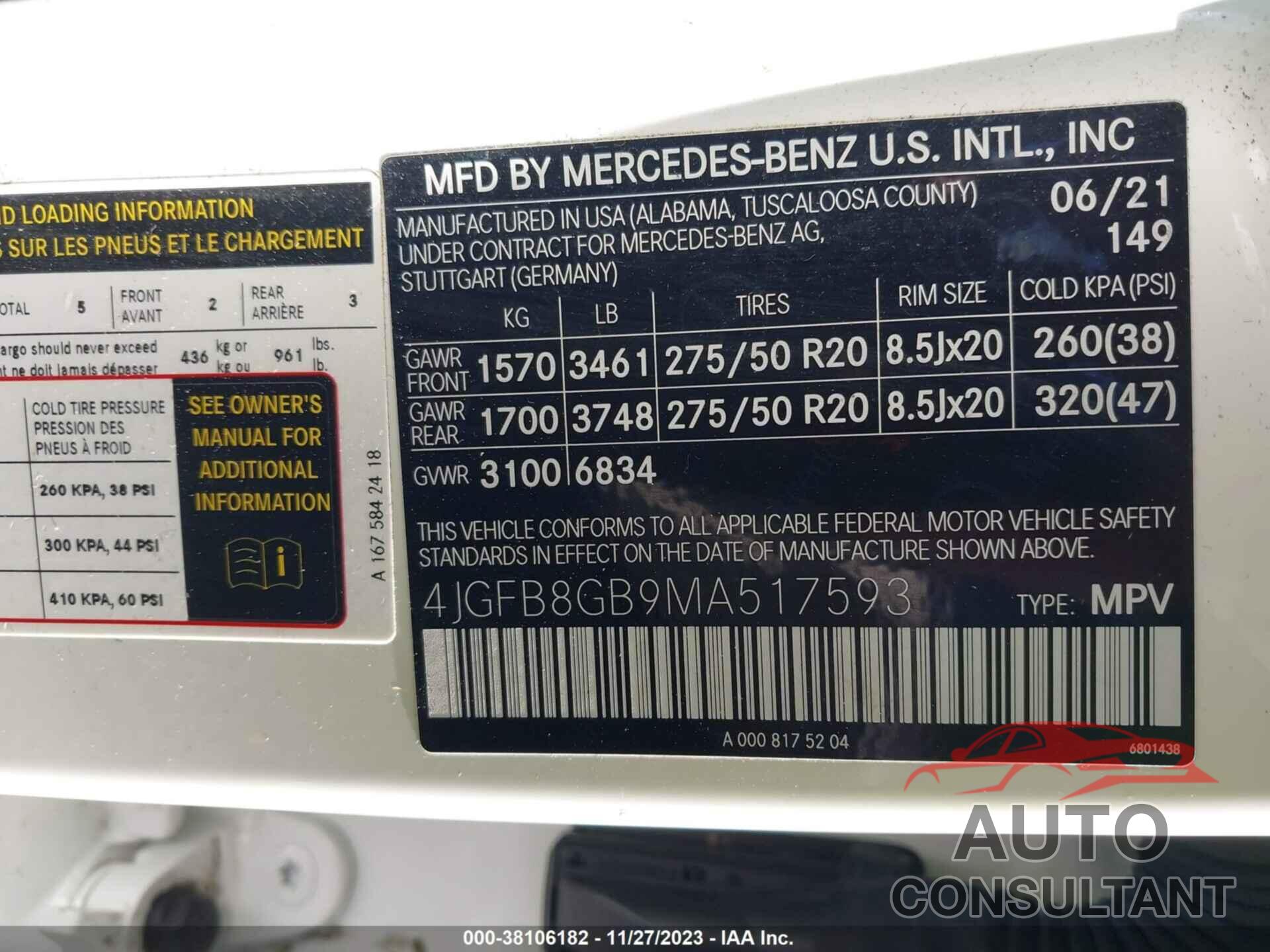 MERCEDES-BENZ GLE 580 2021 - 4JGFB8GB9MA517593