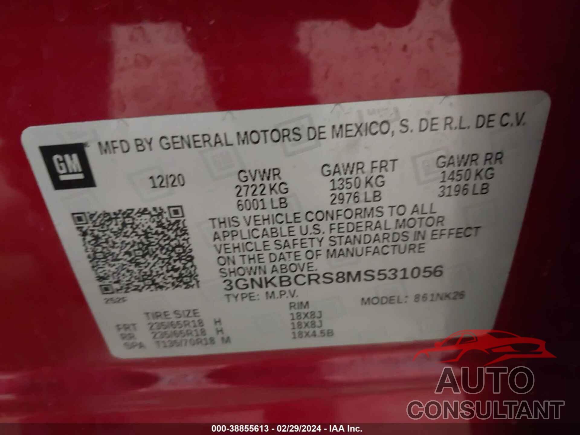 CHEVROLET BLAZER 2021 - 3GNKBCRS8MS531056