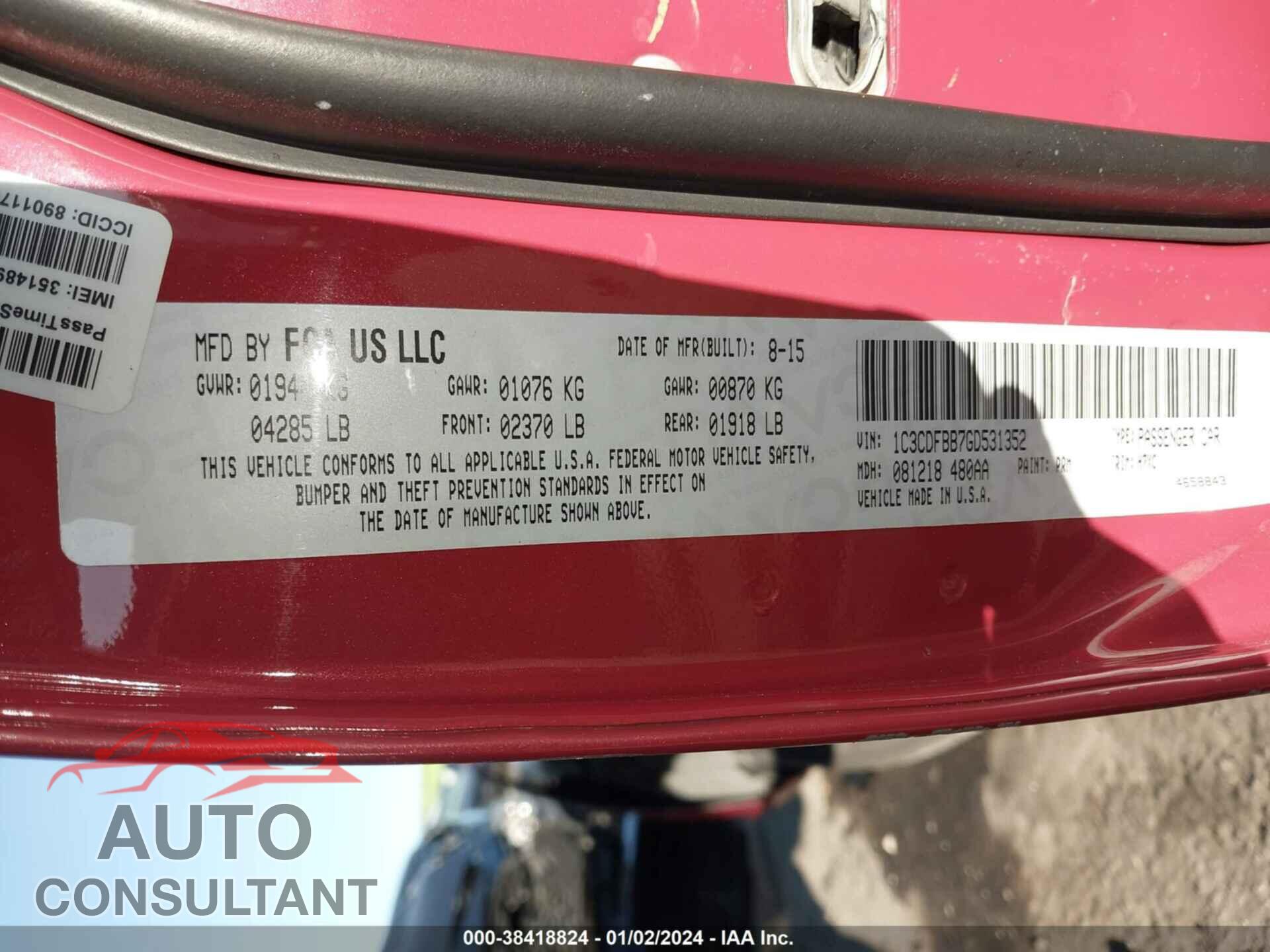 DODGE DART 2016 - 1C3CDFBB7GD531352