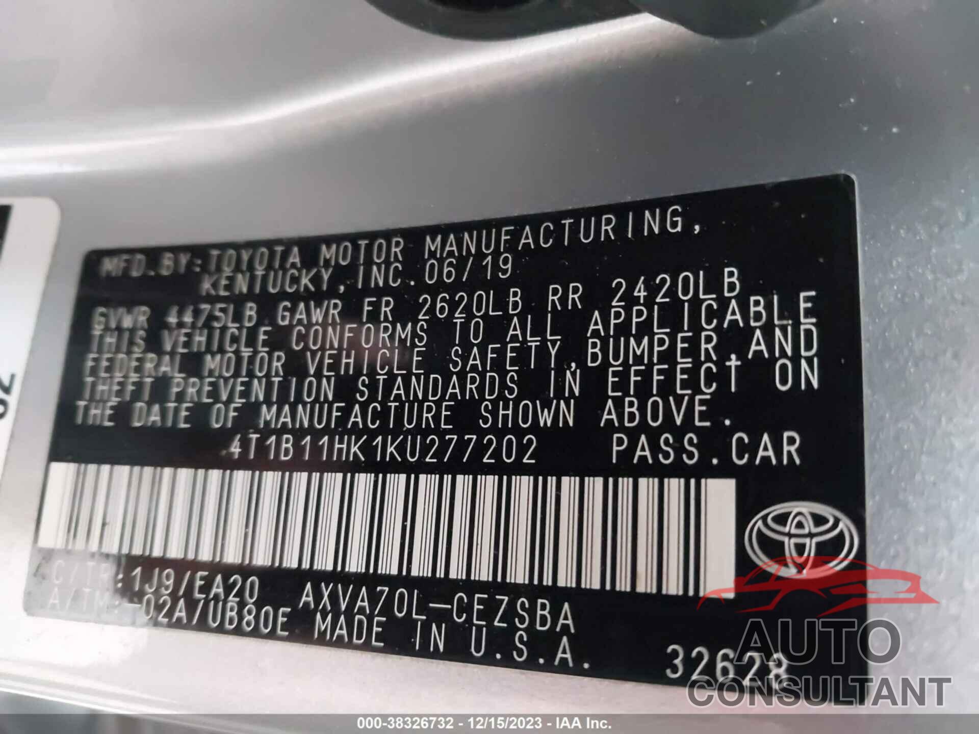 TOYOTA CAMRY 2019 - 4T1B11HK1KU277202