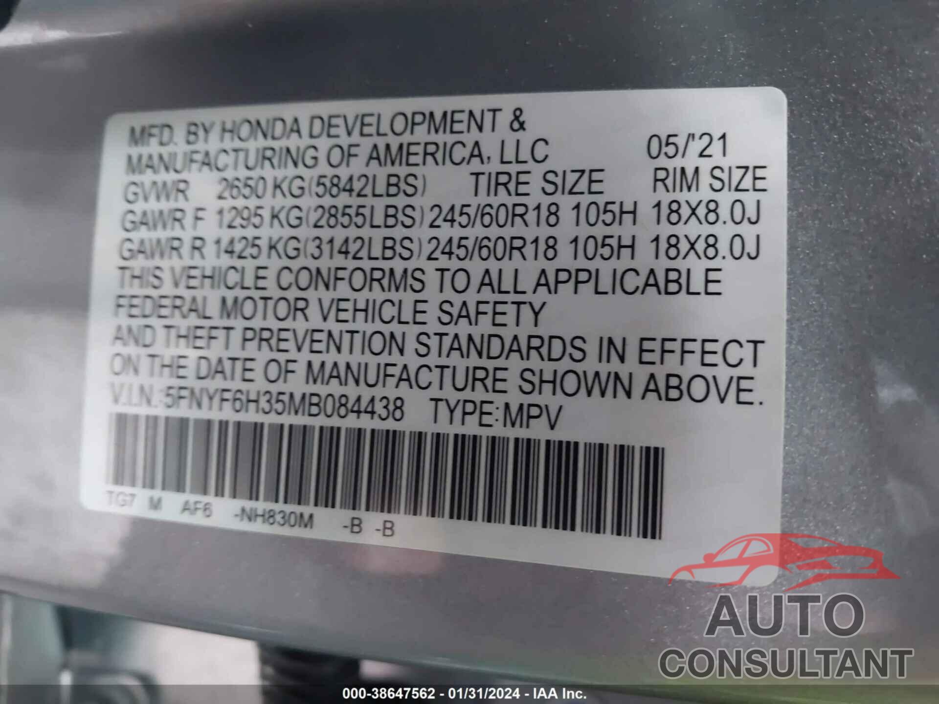 HONDA PILOT 2021 - 5FNYF6H35MB084438