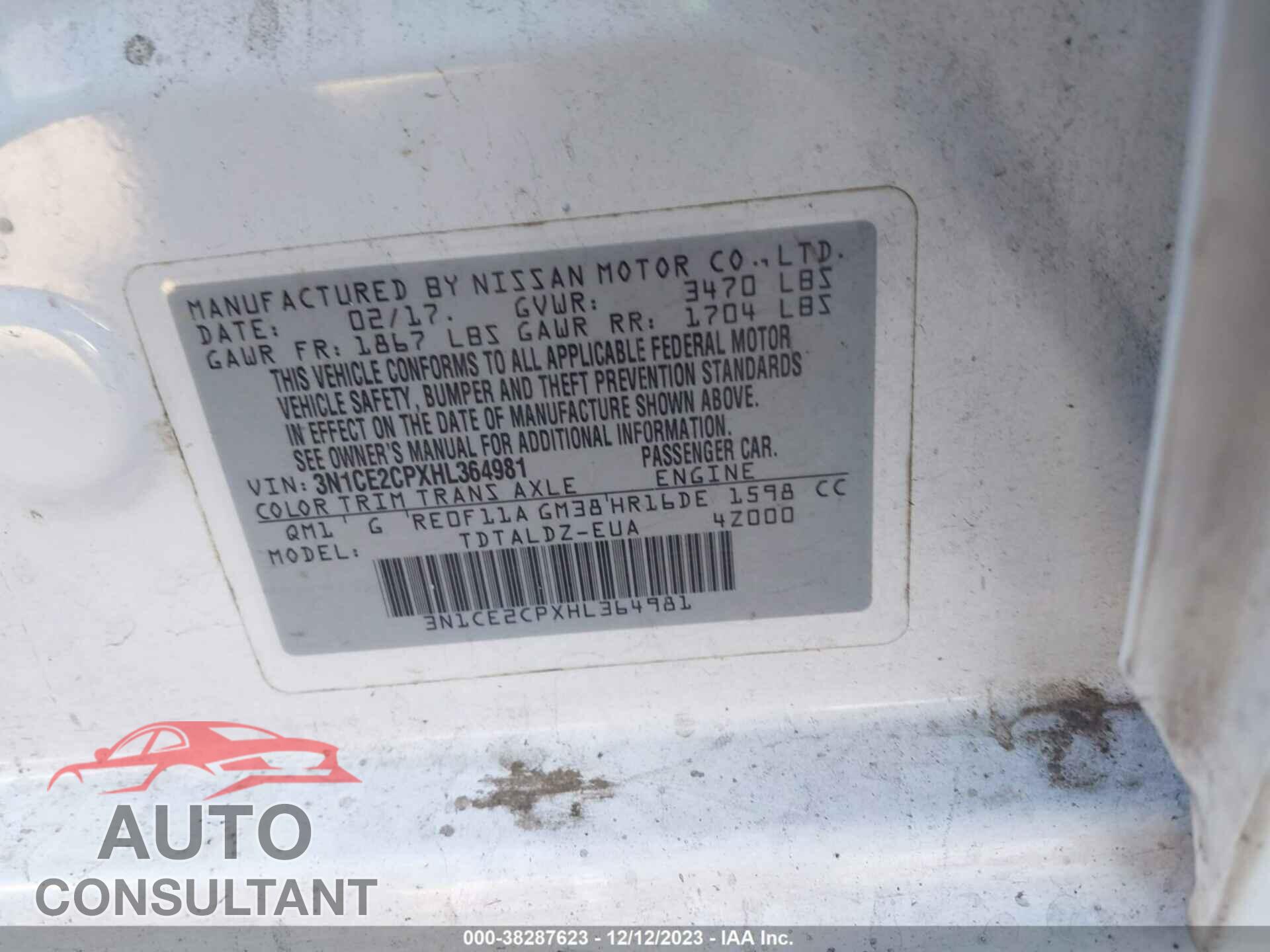 NISSAN VERSA NOTE 2017 - 3N1CE2CPXHL364981
