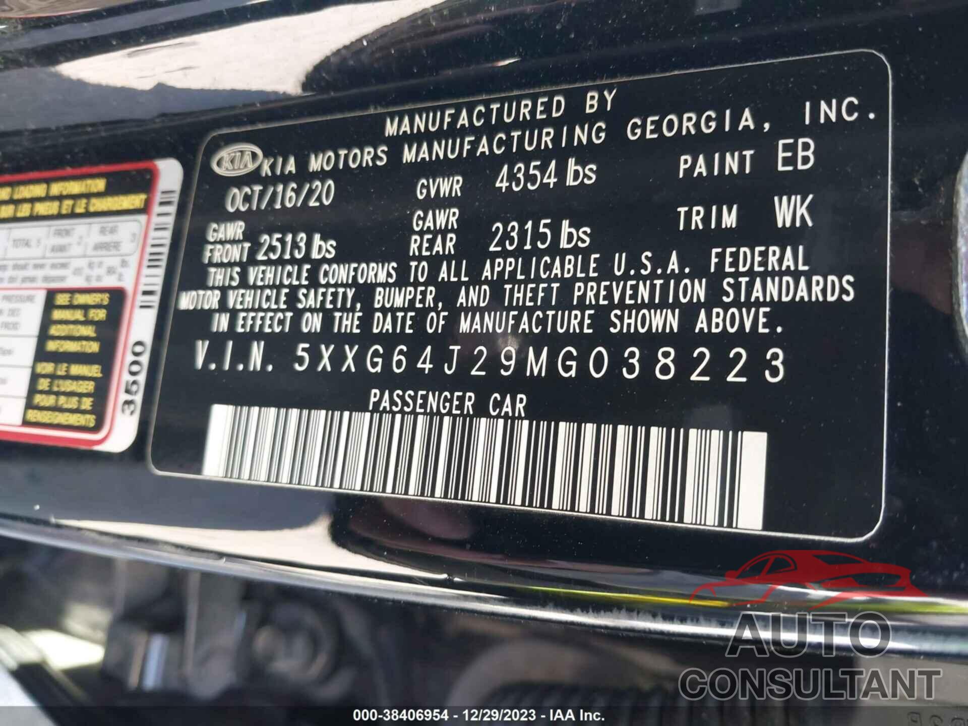 KIA K5 2021 - 5XXG64J29MG038223