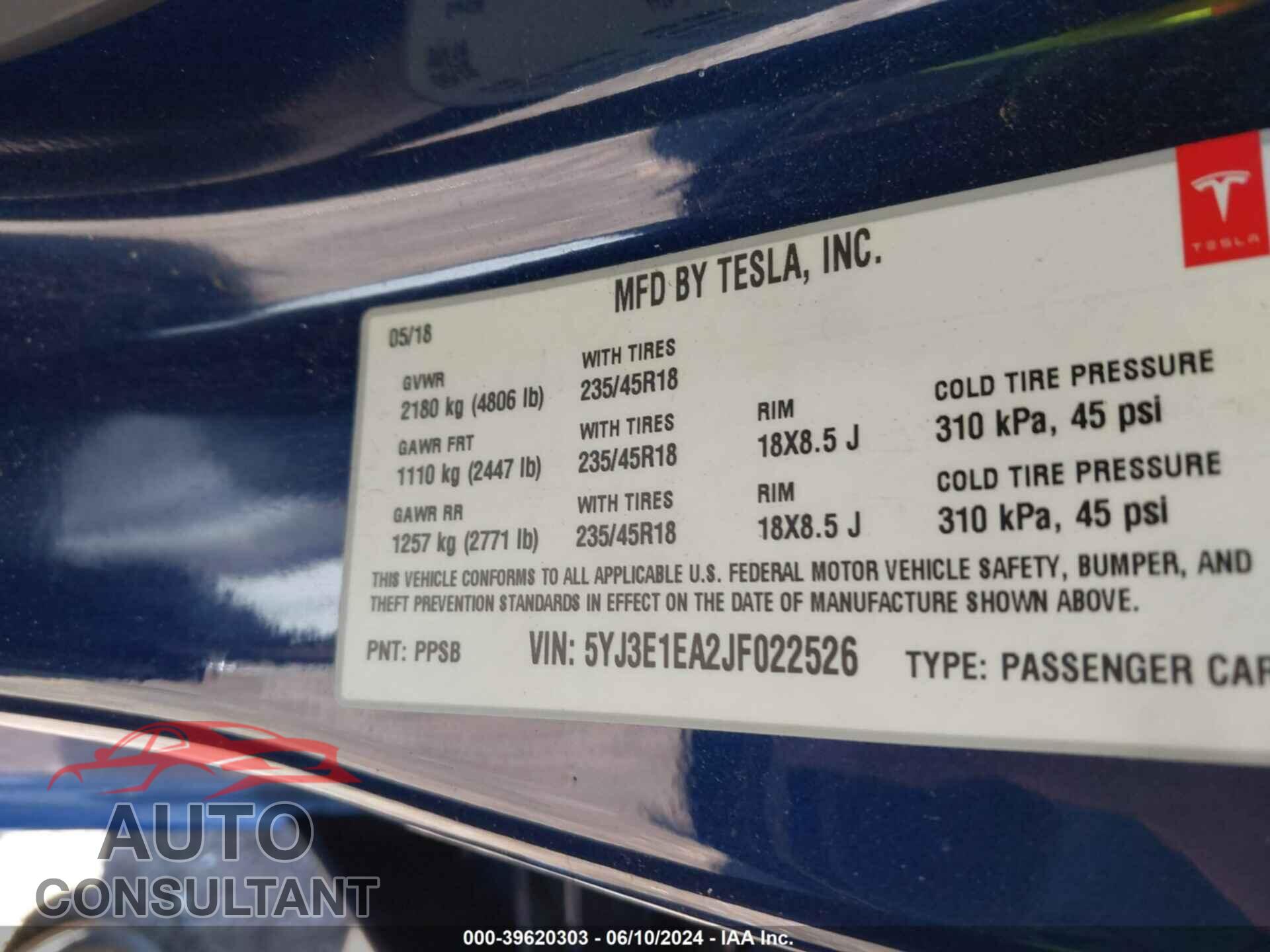 TESLA MODEL 3 2018 - 5YJ3E1EA2JF022526