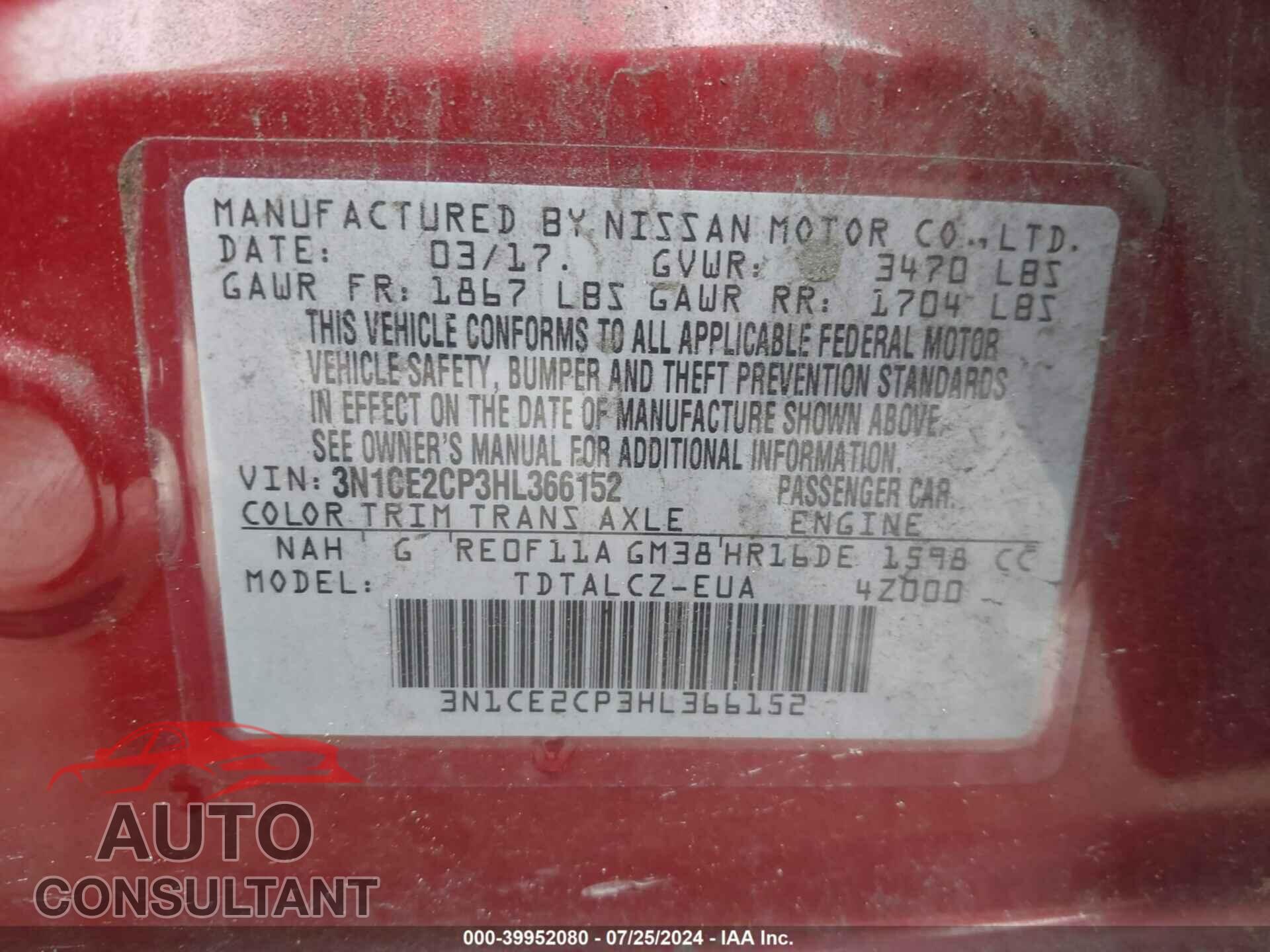 NISSAN VERSA NOTE 2017 - 3N1CE2CP3HL366152
