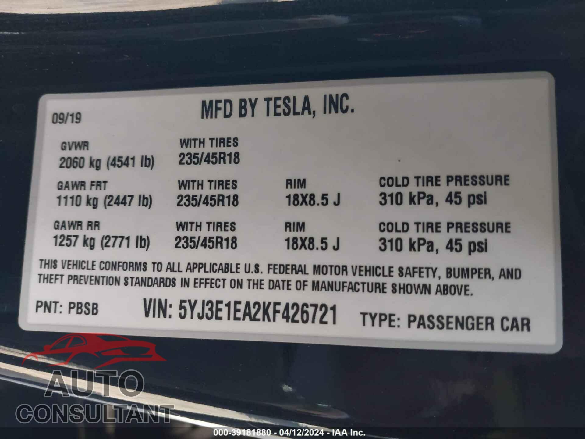 TESLA MODEL 3 2019 - 5YJ3E1EA2KF426721