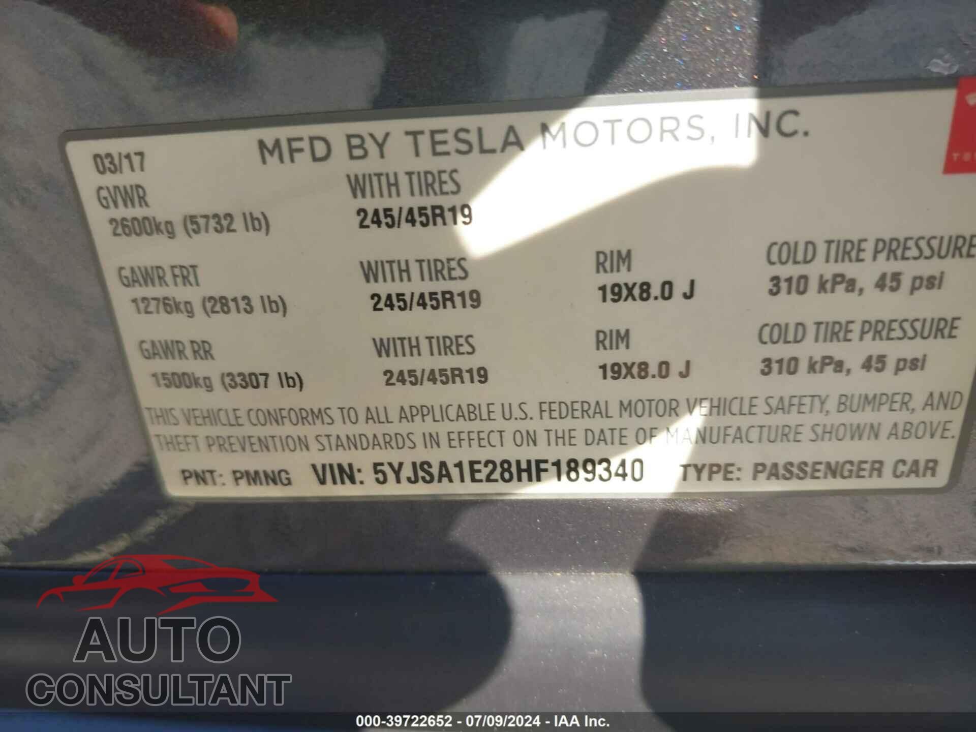 TESLA MODEL S 2017 - 5YJSA1E28HF189340