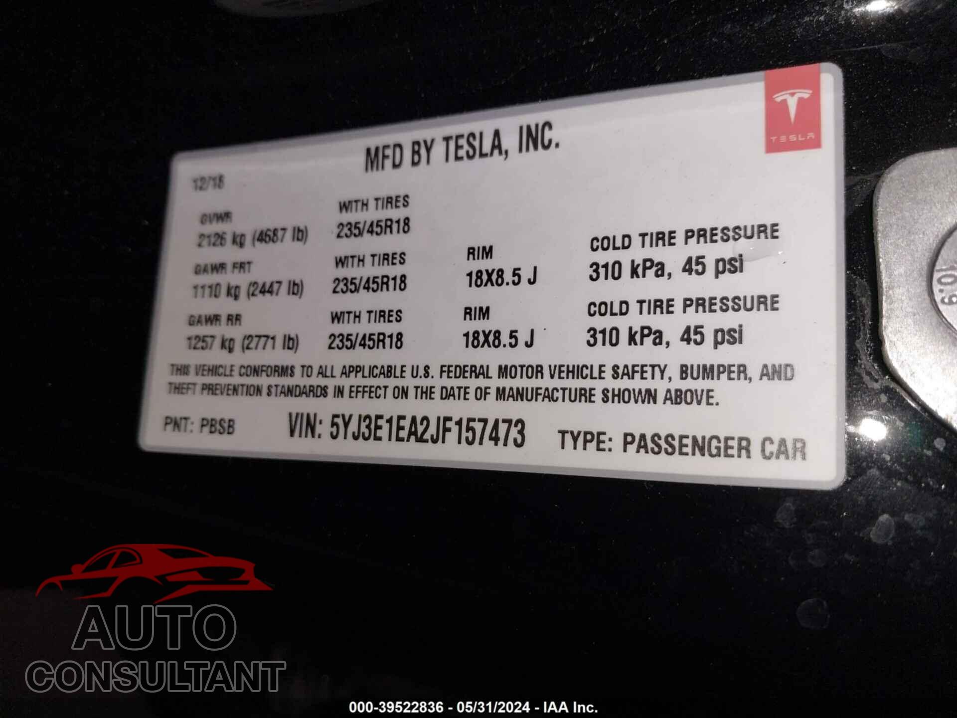 TESLA MODEL 3 2018 - 5YJ3E1EA2JF157473