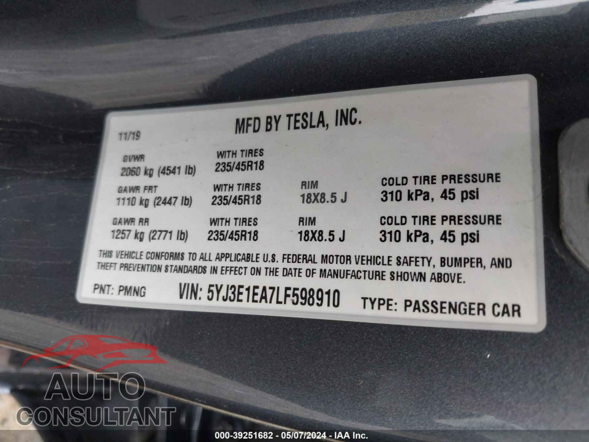 TESLA MODEL 3 2020 - 5YJ3E1EA7LF598910