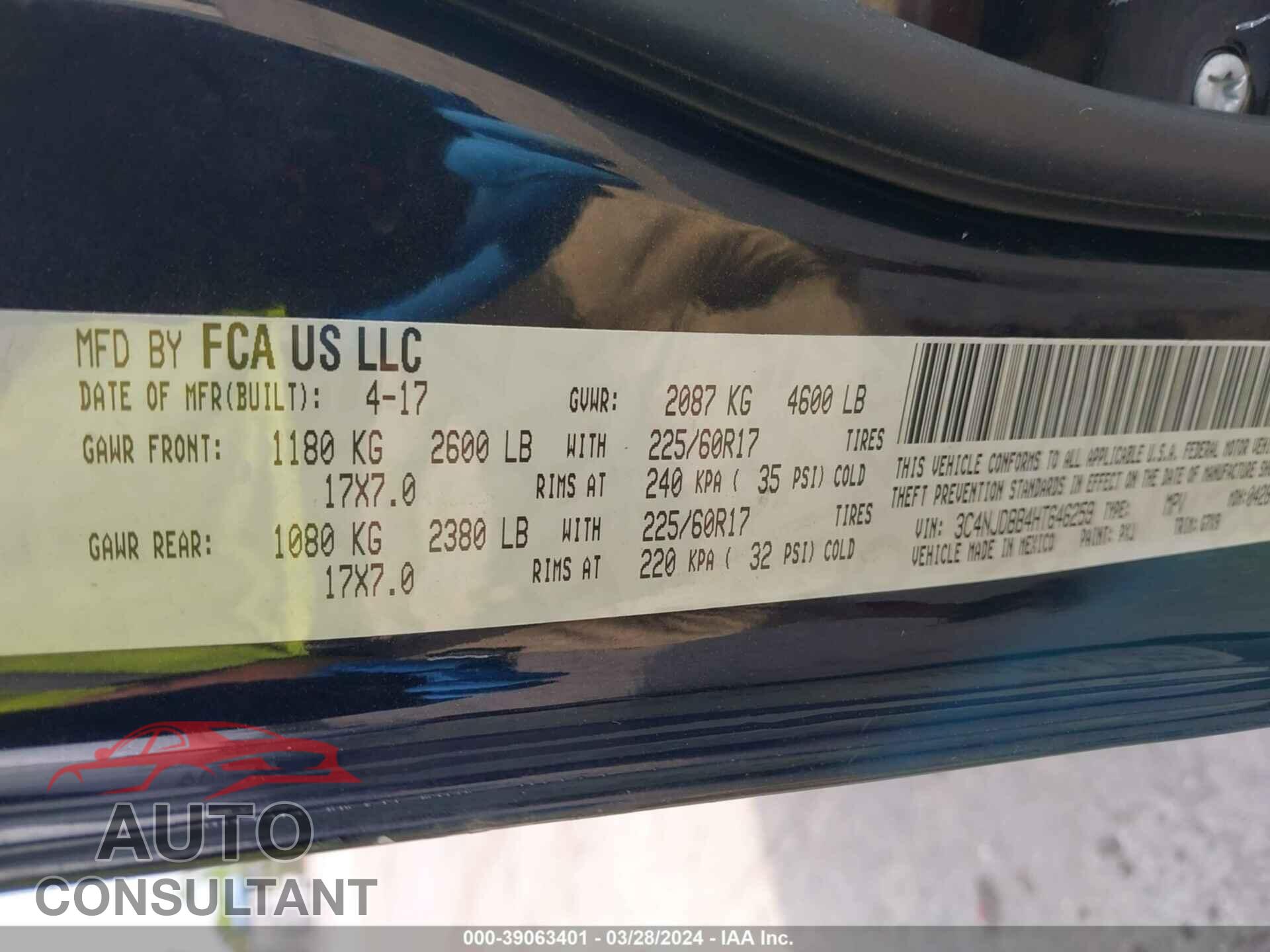 JEEP COMPASS 2017 - 3C4NJDBB4HT646259
