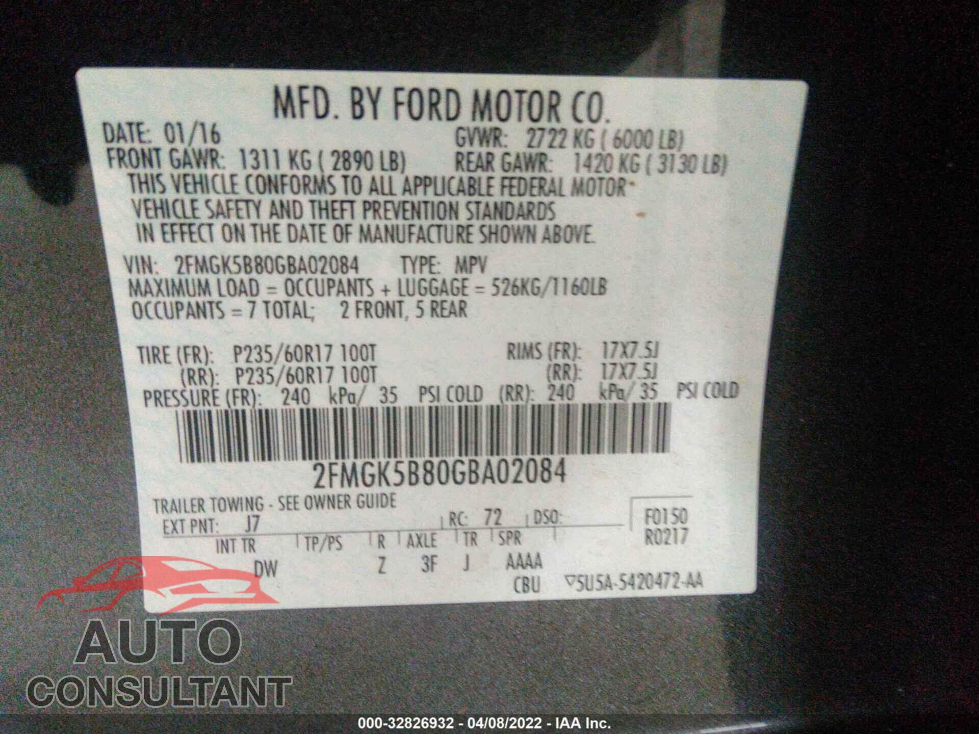 FORD FLEX 2016 - 2FMGK5B80GBA02084