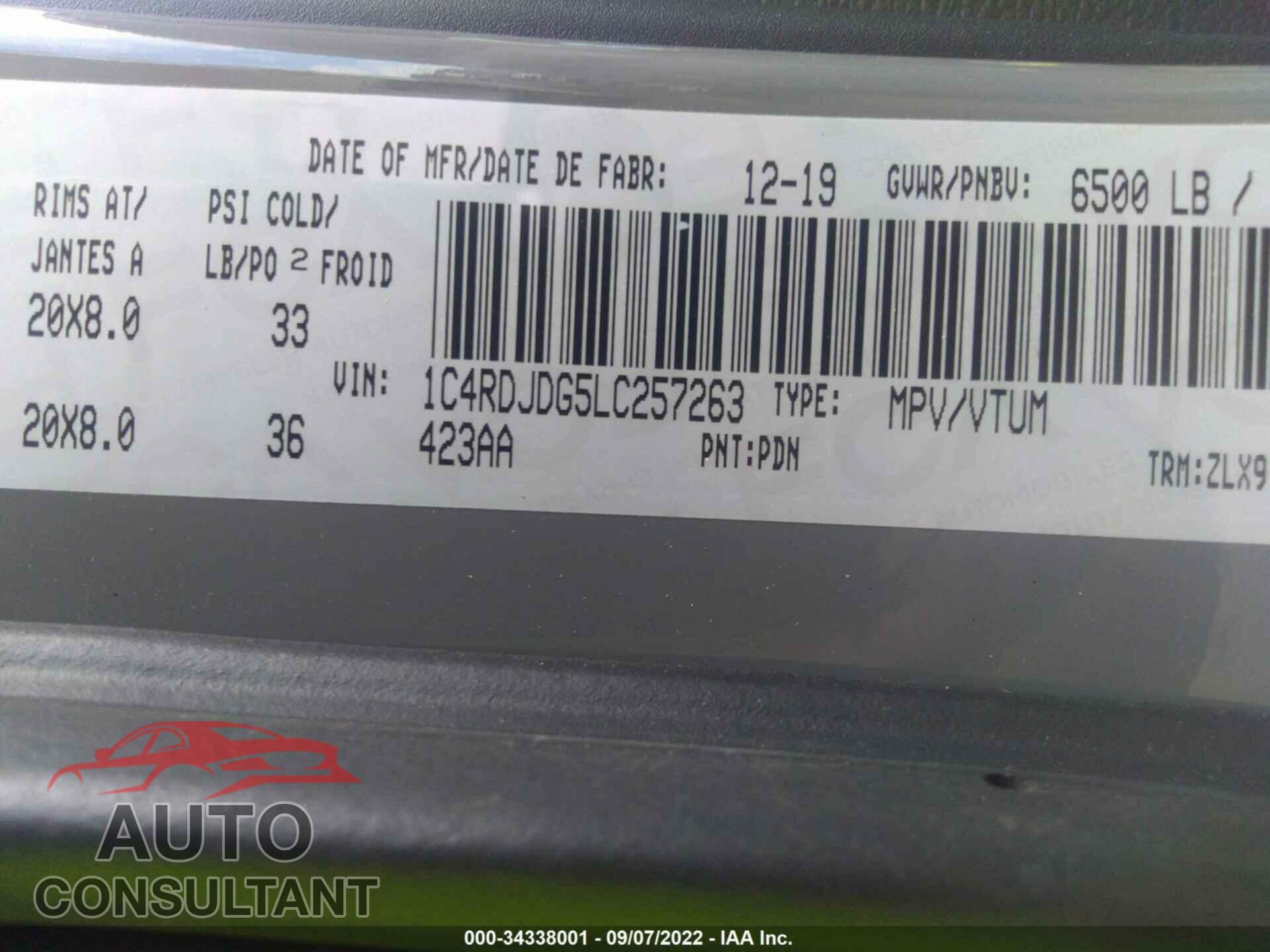 DODGE DURANGO 2020 - 1C4RDJDG5LC257263