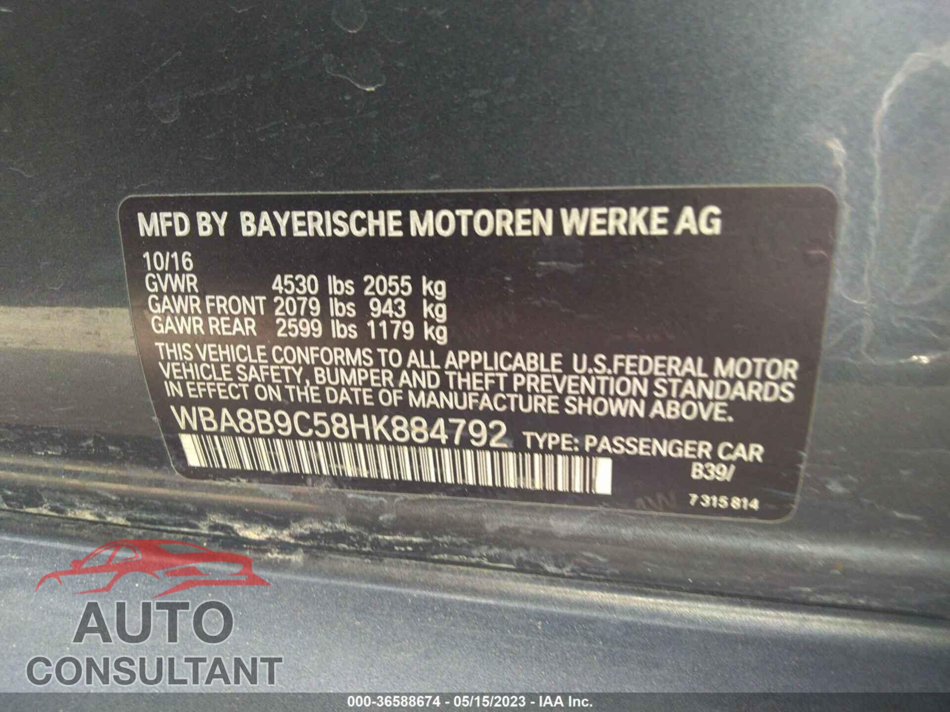 BMW 3 SERIES 2017 - WBA8B9C58HK884792