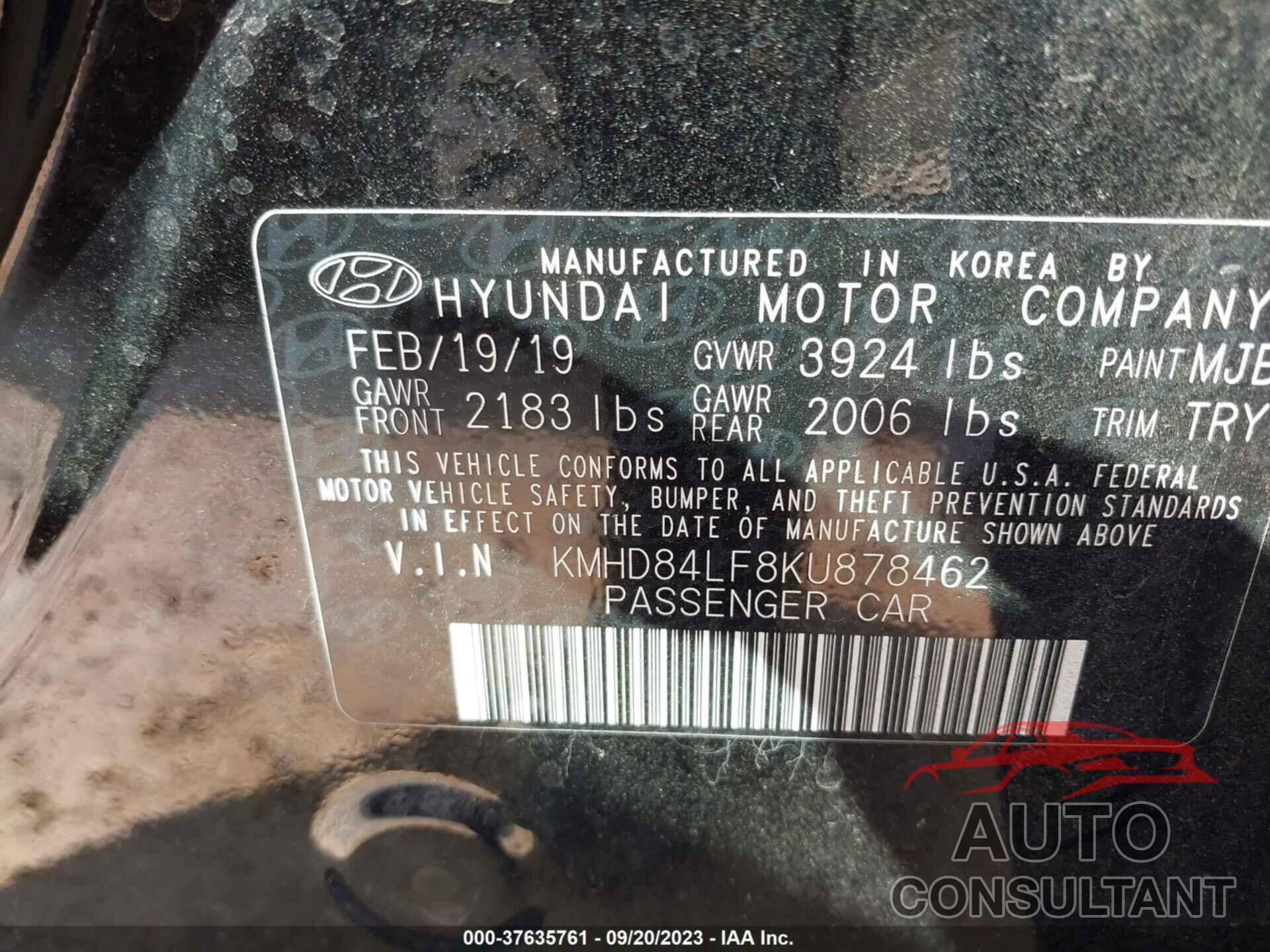 HYUNDAI ELANTRA 2019 - KMHD84LF8KU878462