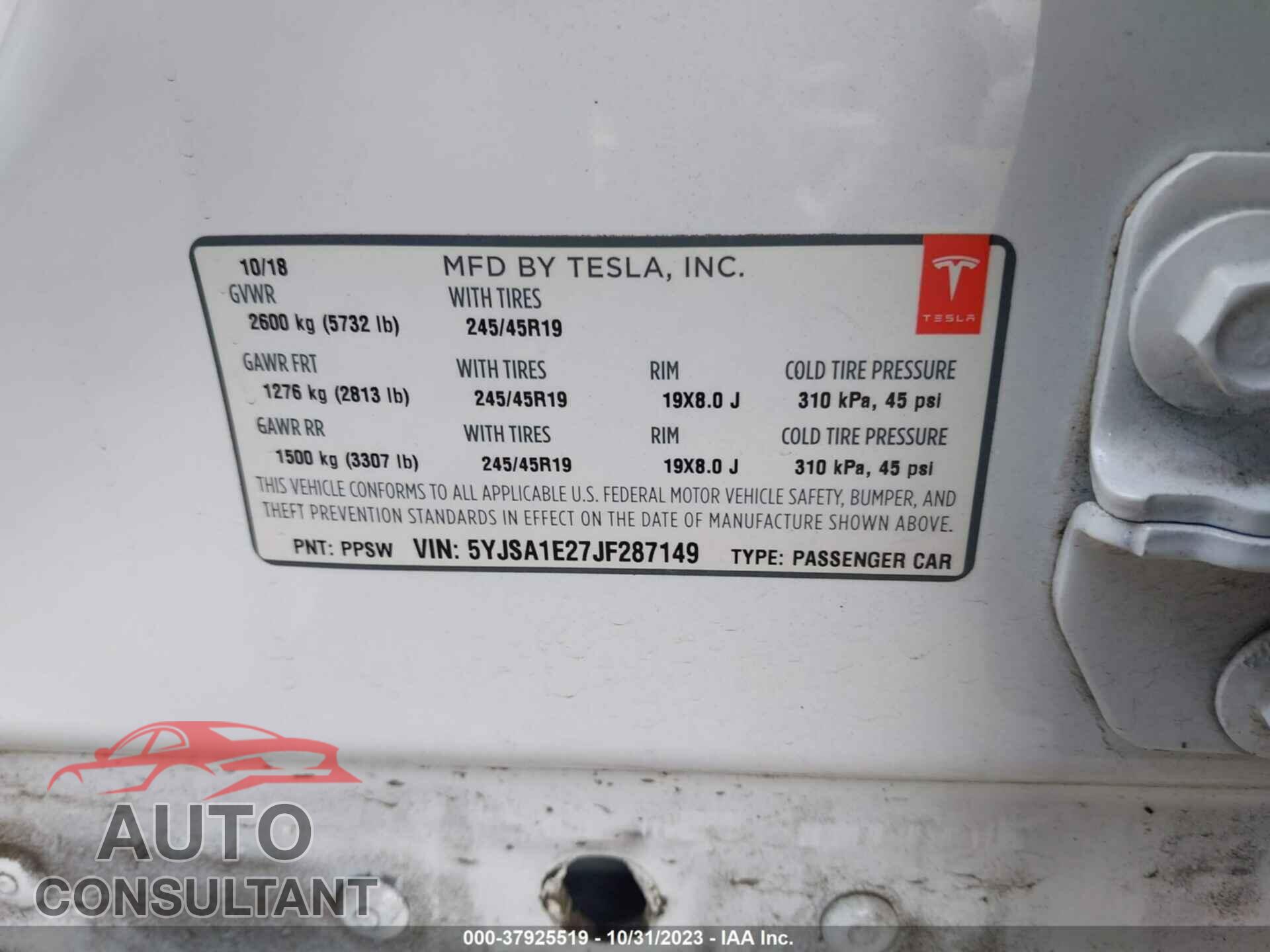 TESLA MODEL S 2018 - 5YJSA1E27JF287149