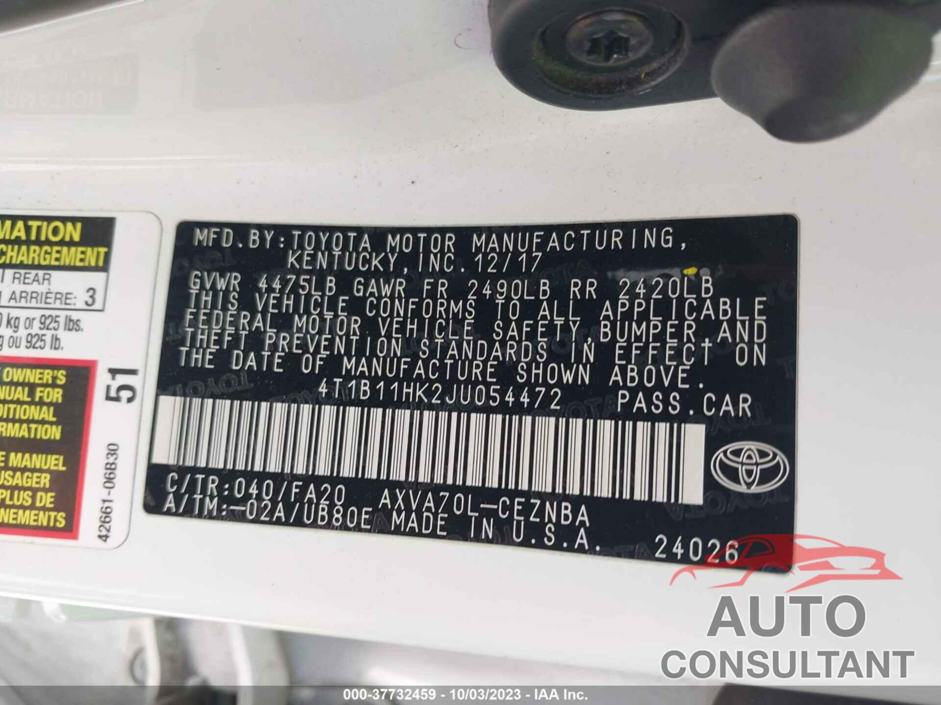 TOYOTA CAMRY 2018 - 4T1B11HK2JU054472