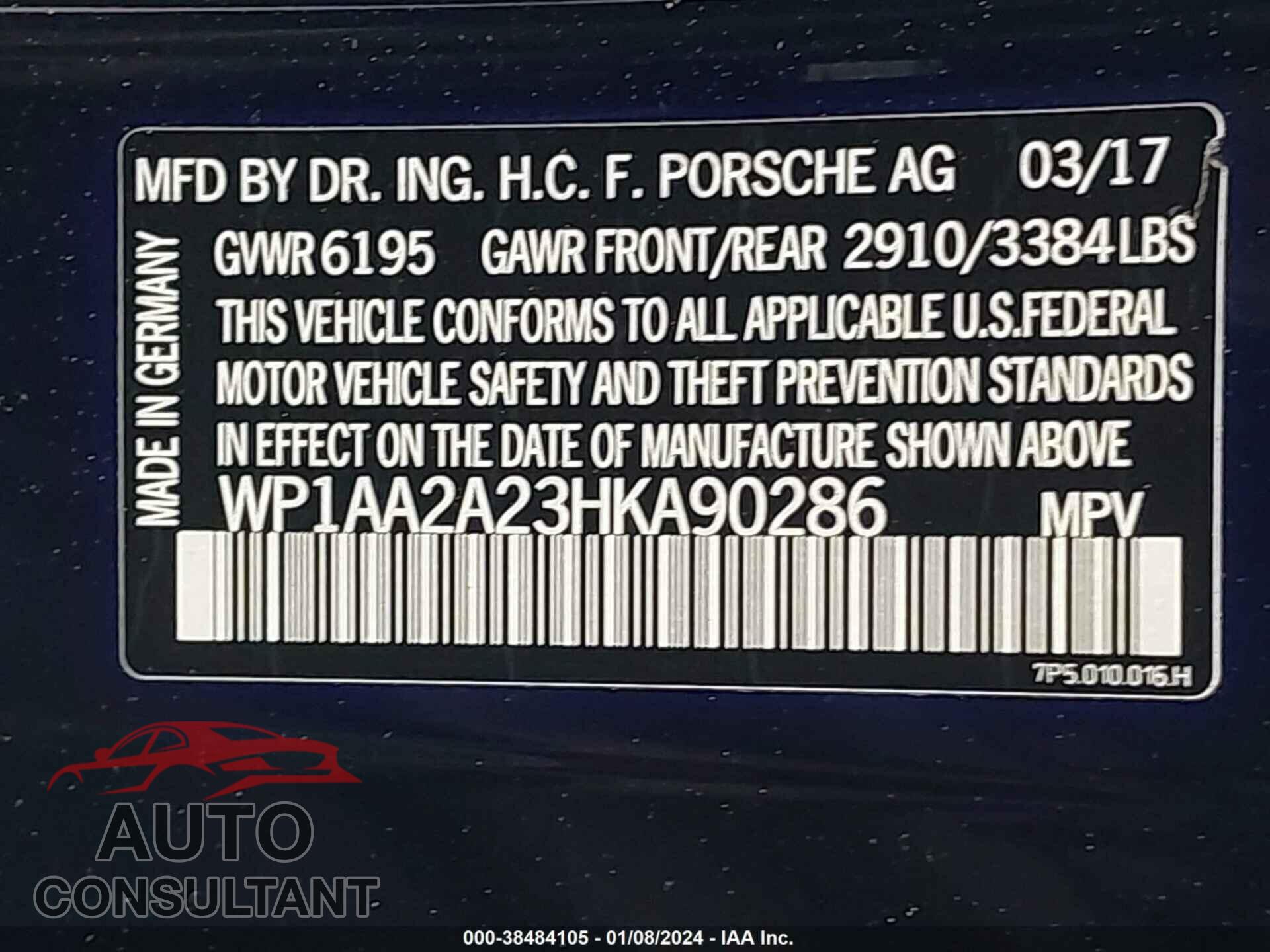 PORSCHE CAYENNE 2017 - WP1AA2A23HKA90286