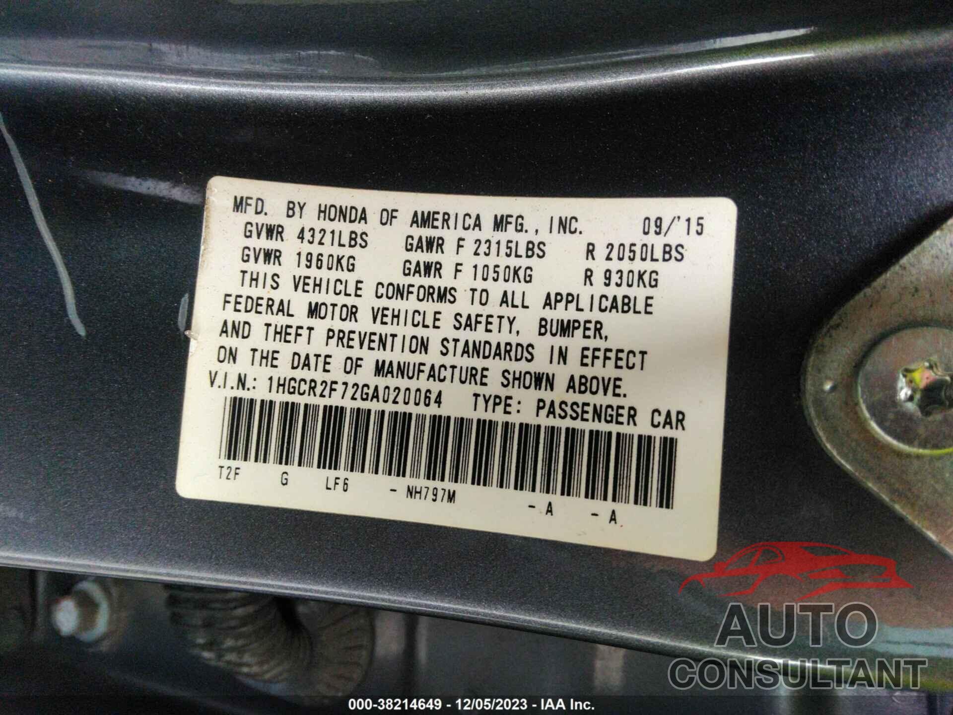 HONDA ACCORD 2016 - 1HGCR2F72GA020064