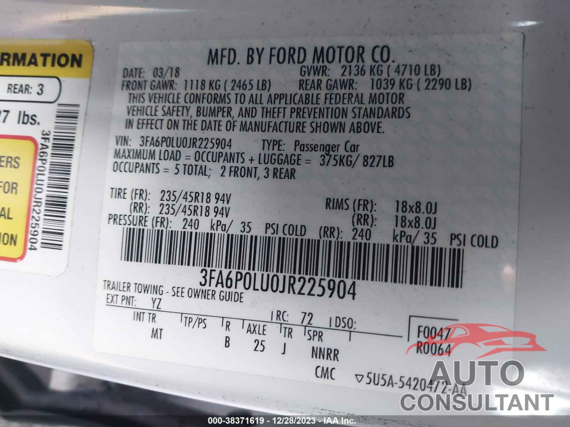 FORD FUSION HYBRID 2018 - 3FA6P0LU0JR225904