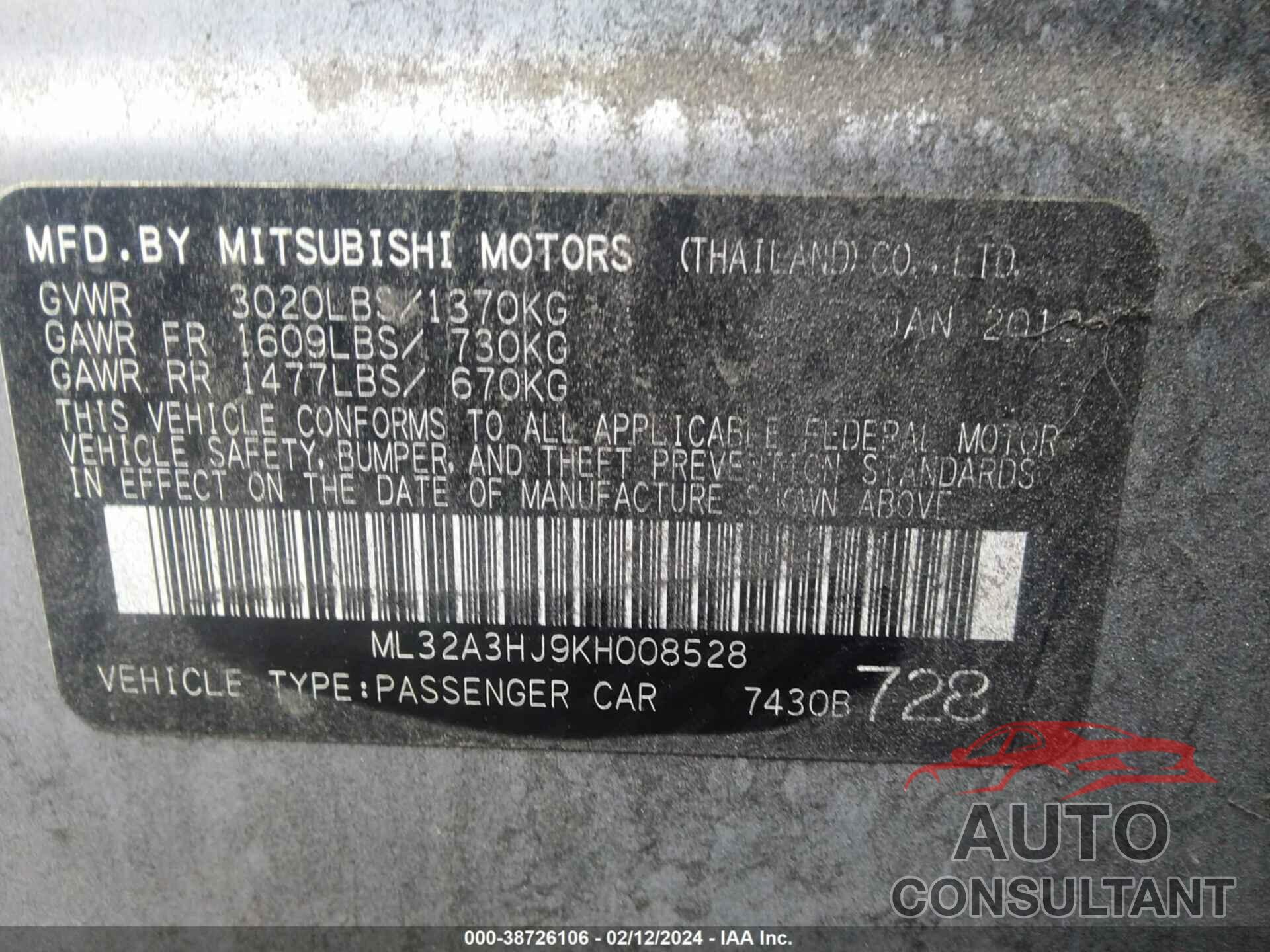 MITSUBISHI MIRAGE 2019 - ML32A3HJ9KH008528